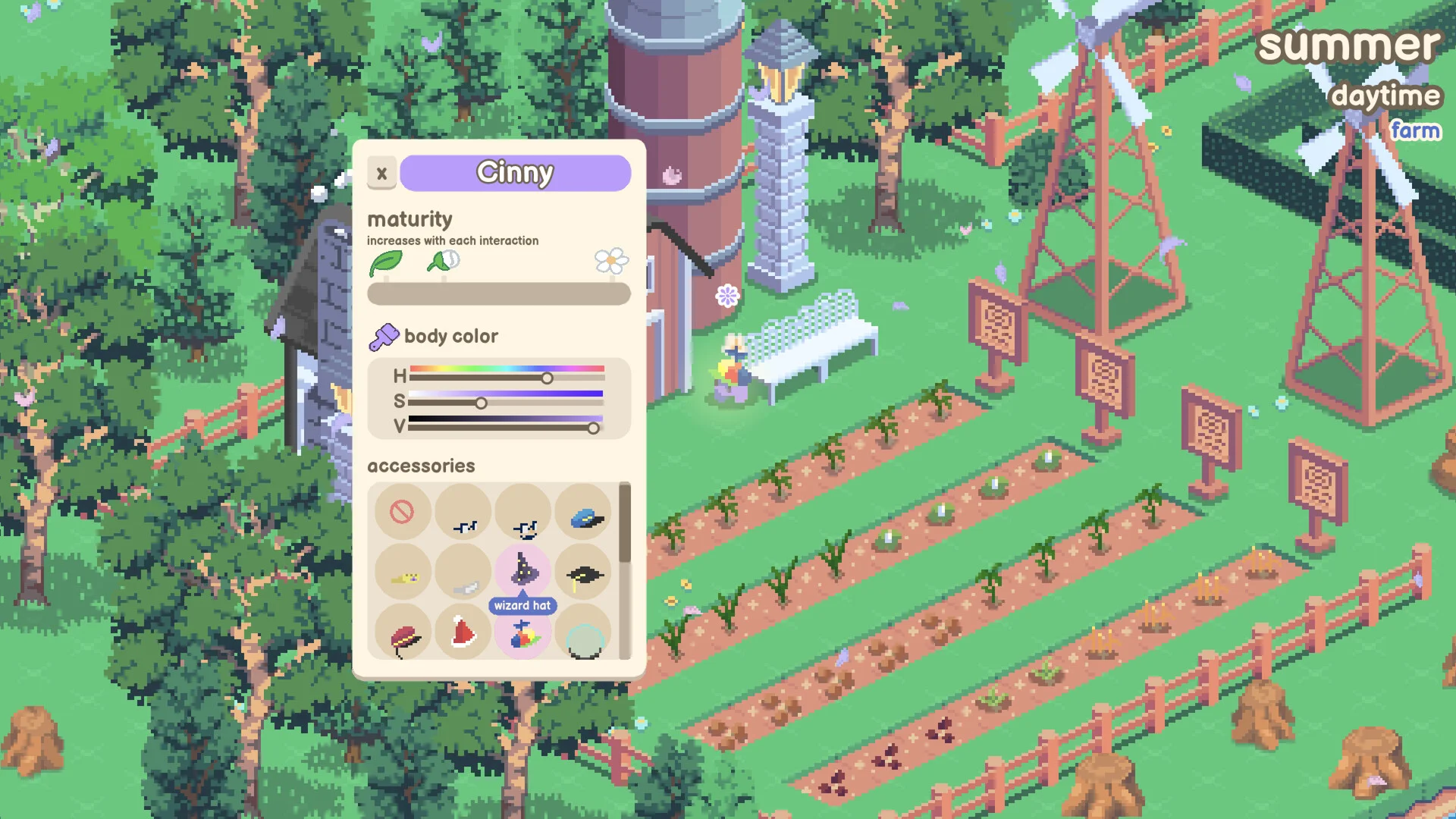 Cinny panel, maturity bar, body color HSV sliders, accessories including wizard hat, farm labelled summer daytime