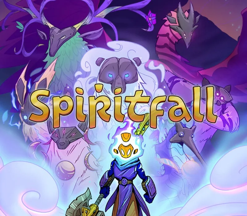 SPIRITFALL gold title over a hooded figure in purple robes with a flaming yellow-blue weapon among bear, bird and fox spirits on pink-purple clouds