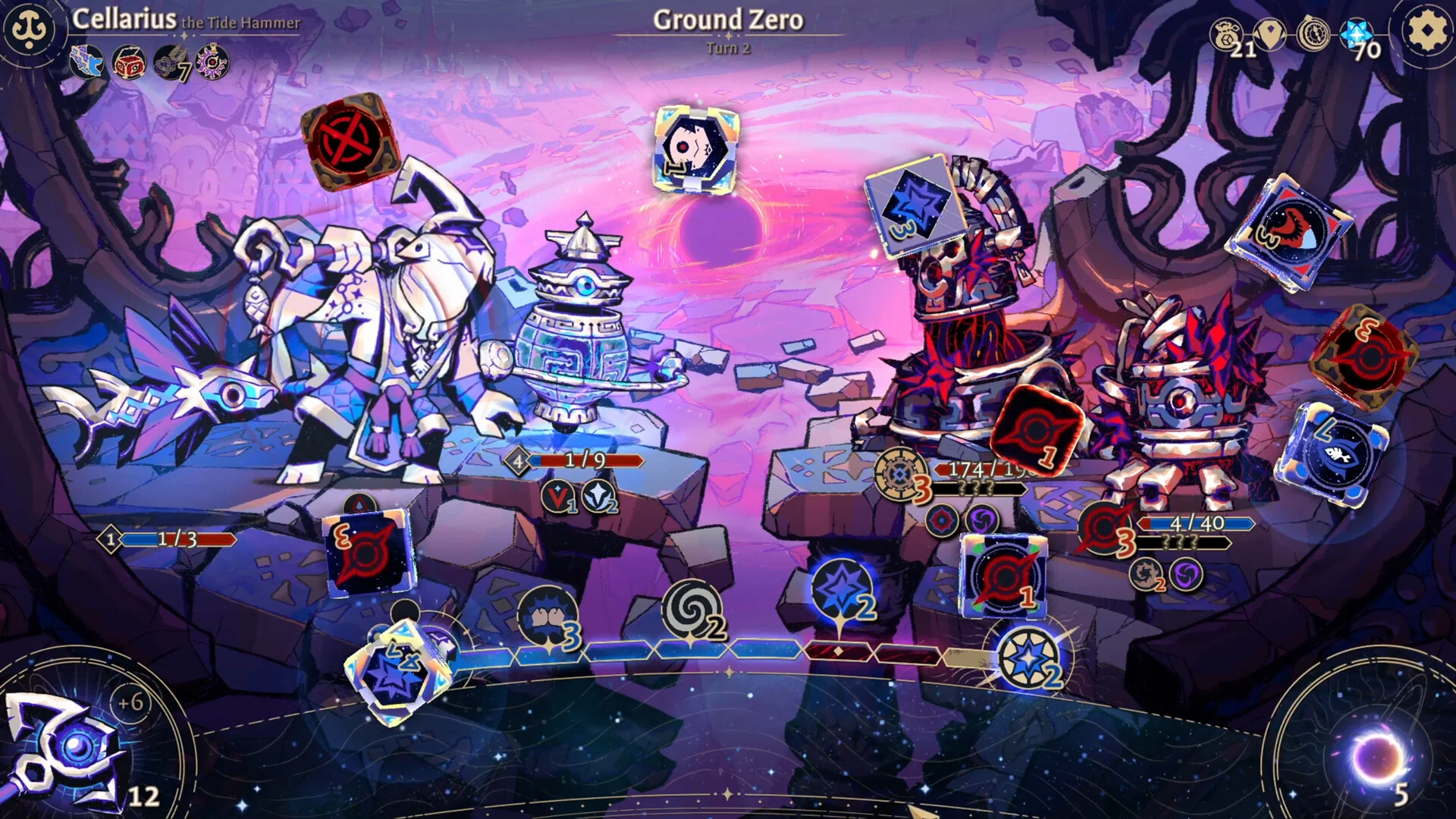 Cellarius at Ground Zero: purple rift, blue and red dice hovering over both sides