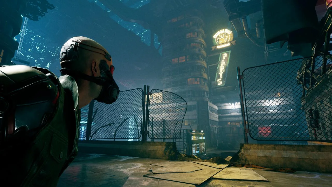 Ghostrunner first-person katana slash in the megastructure