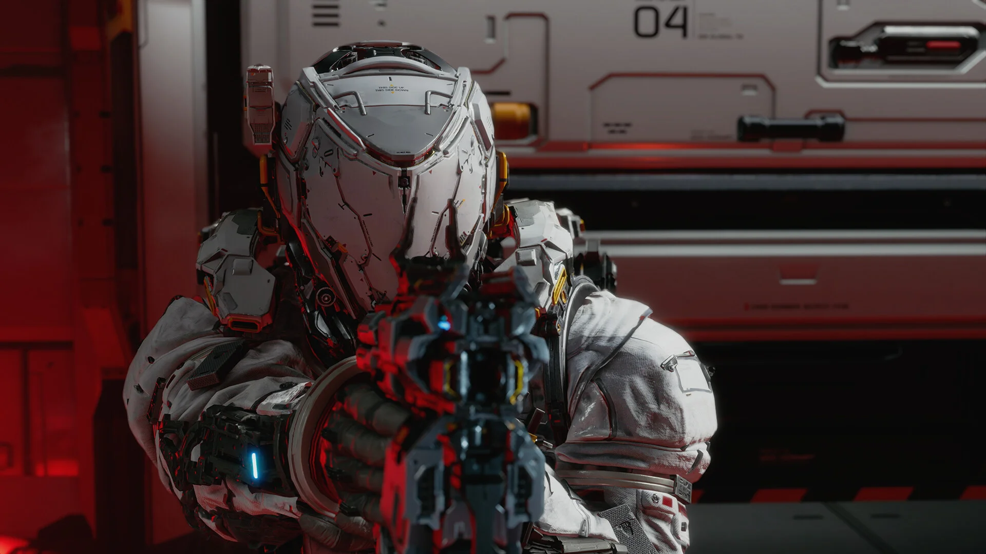 Hugh in a white helmet aims a weapon in a red-lit corridor marked 04
