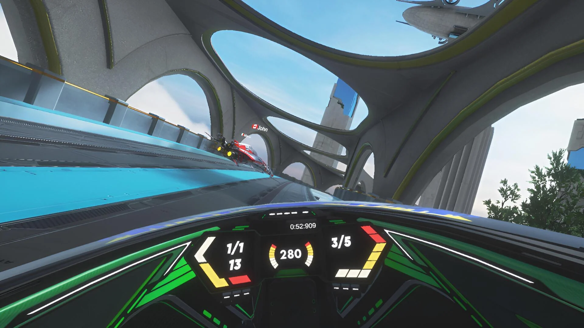 Cockpit view on a cyan elevated track through oval arches, with a red ship ahead at speed 280