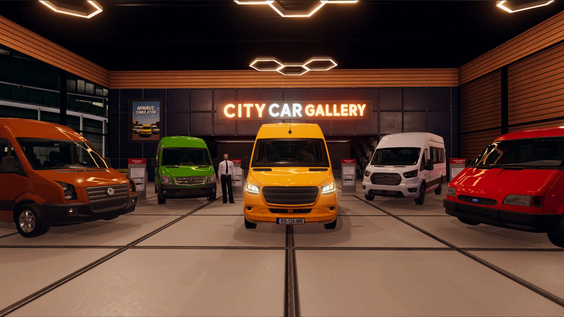 CITY CAR GALLERY showroom: five minibuses including yellow RS-120-MB, salesman, Minibus Simulator poster