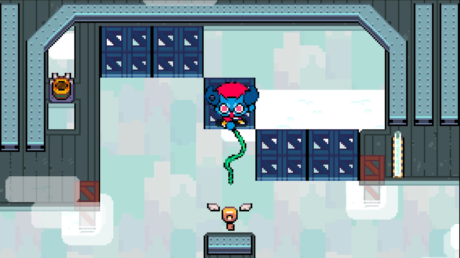 An icy room with a green yoyo string between platforms