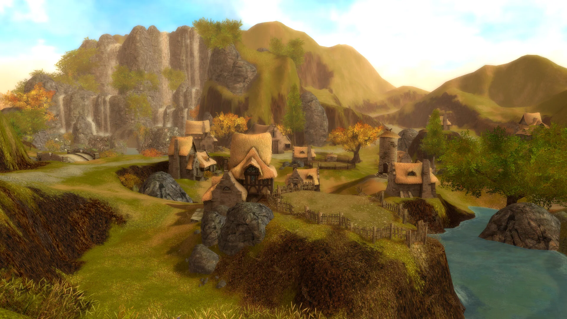 A character overlooks a green valley and a wooden village.