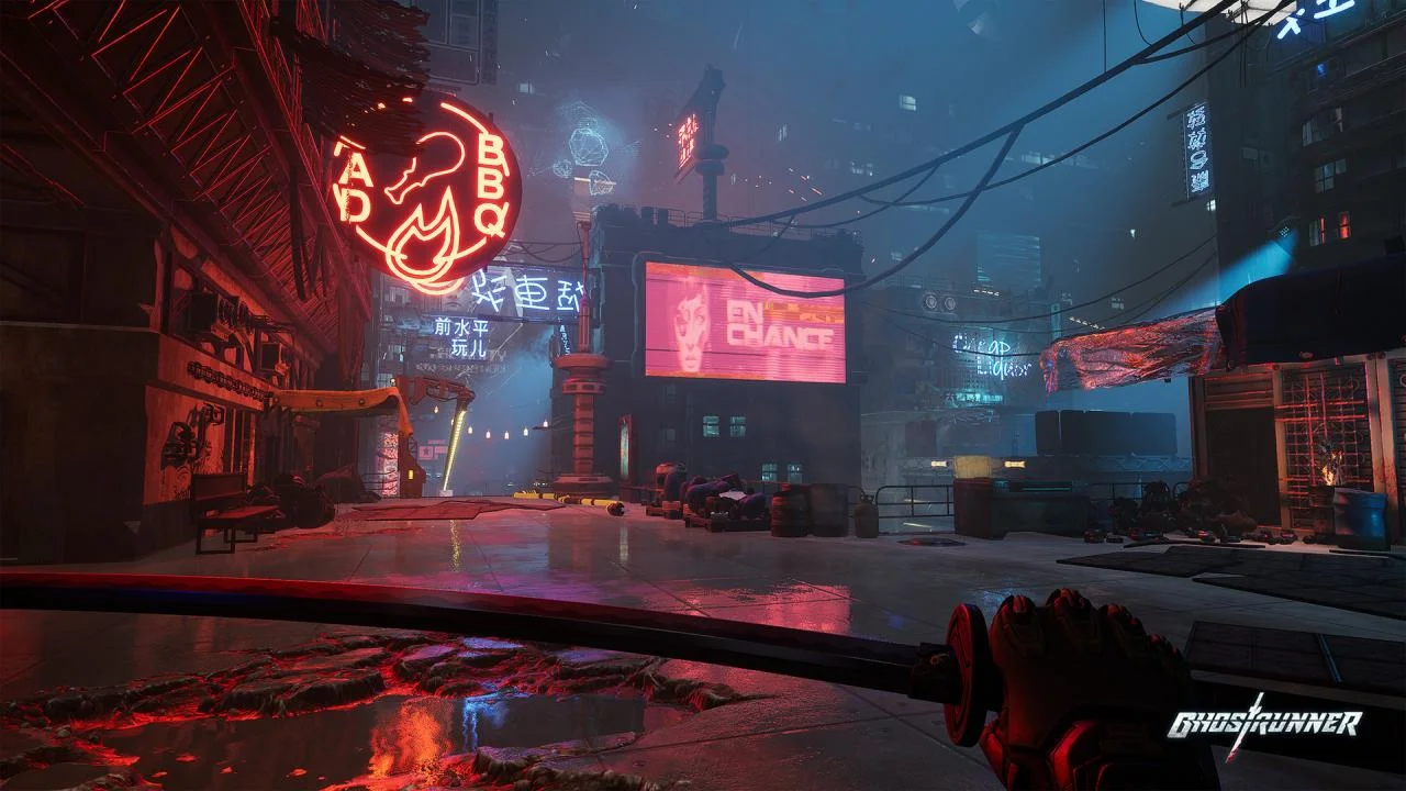 Ghostrunner bullet dodge on a neon walkway