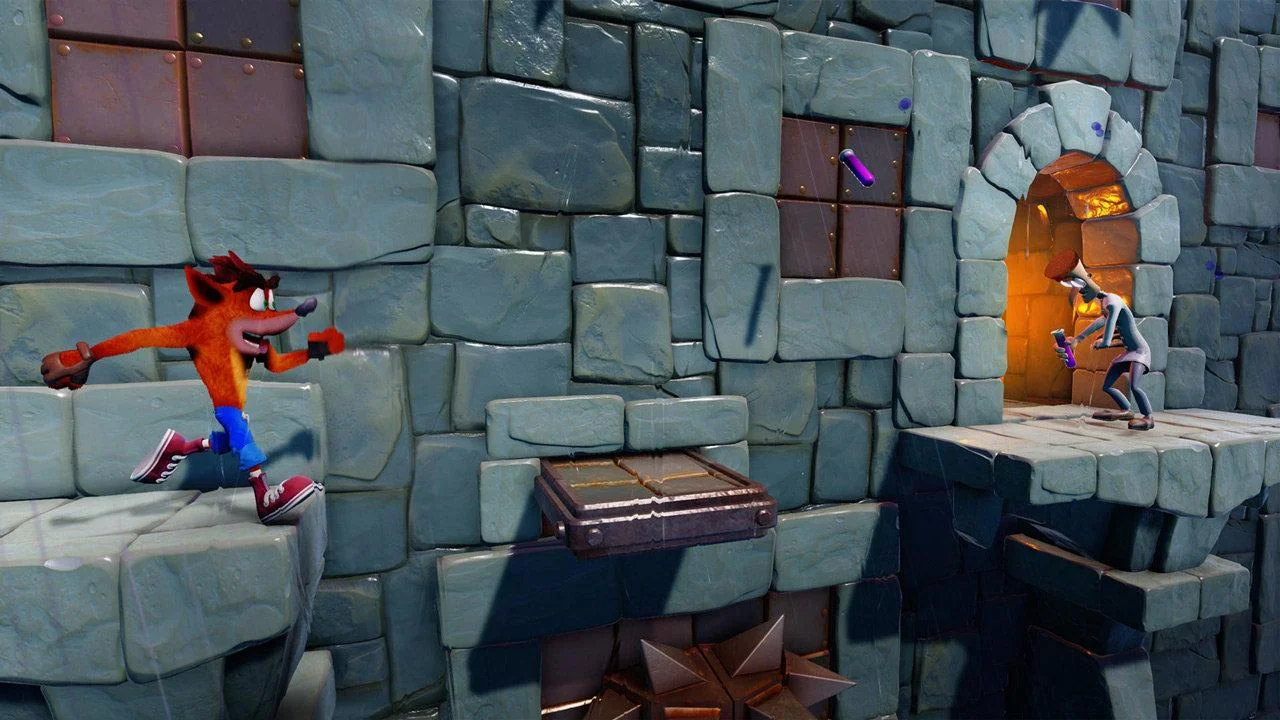 Crash mid-stride on wet castle bricks as purple vials fly from a torchlit doorway