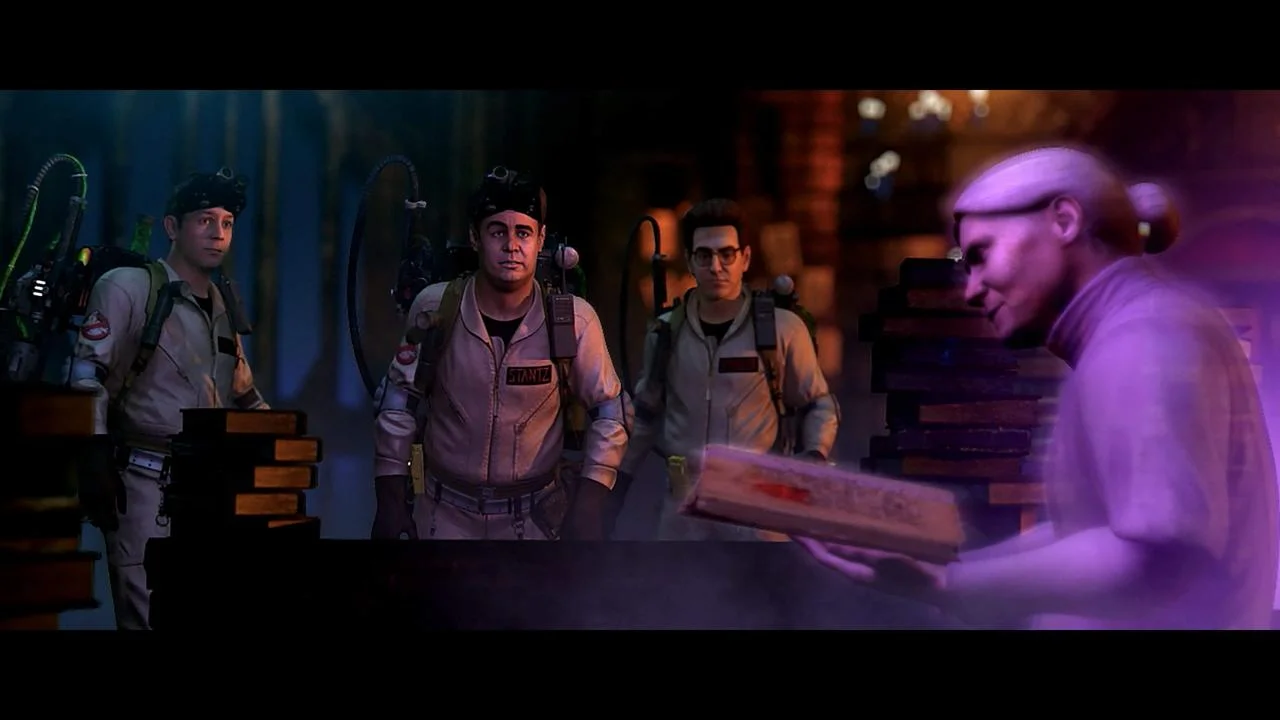 A Ghostbuster holds a trap while a ghost appears in a neon alley.