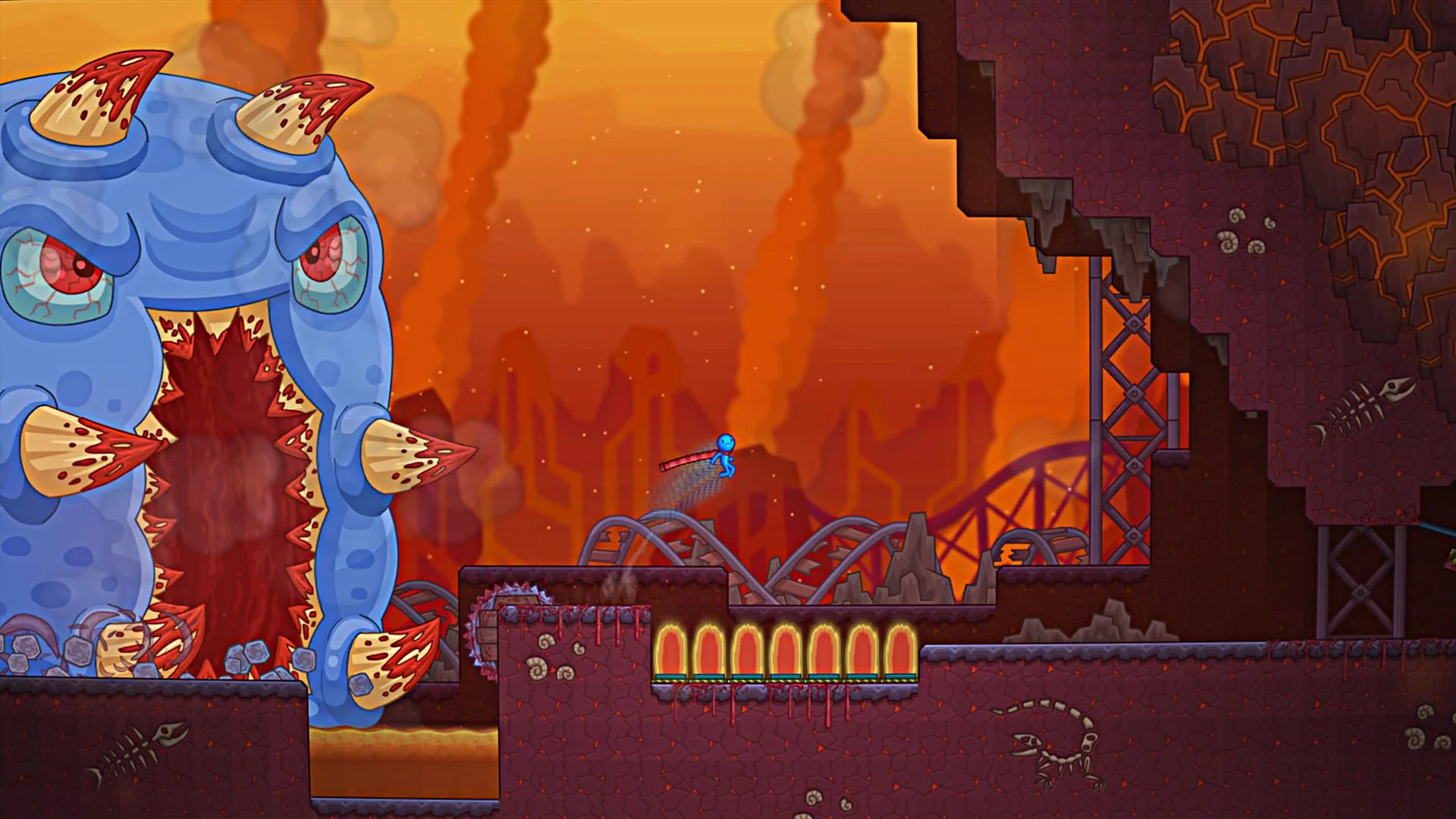 Never Give Up lava stage with giant blue spiked monster and roller coaster rails