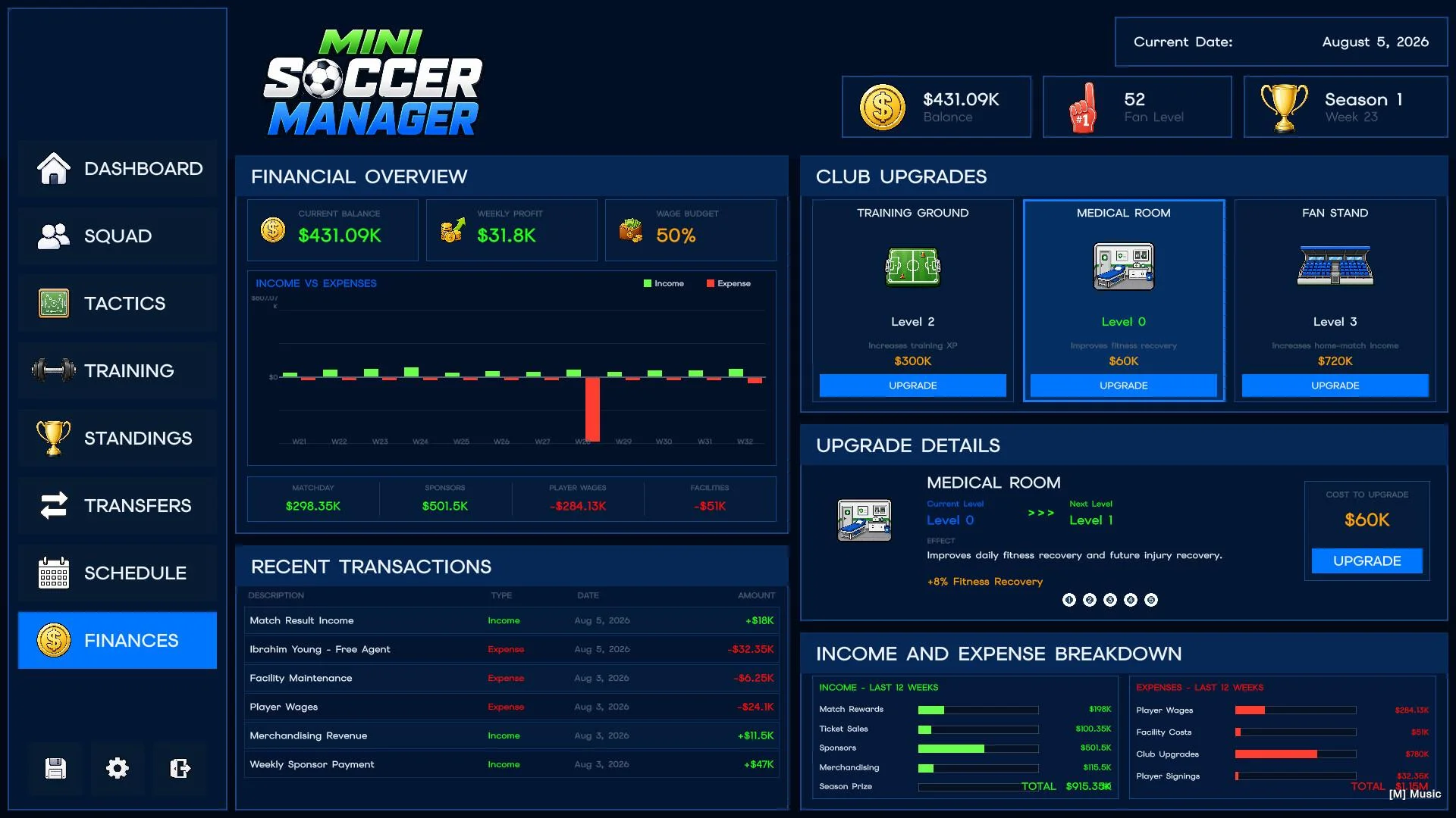 Mini Soccer Manager tactics board with formations and squad list