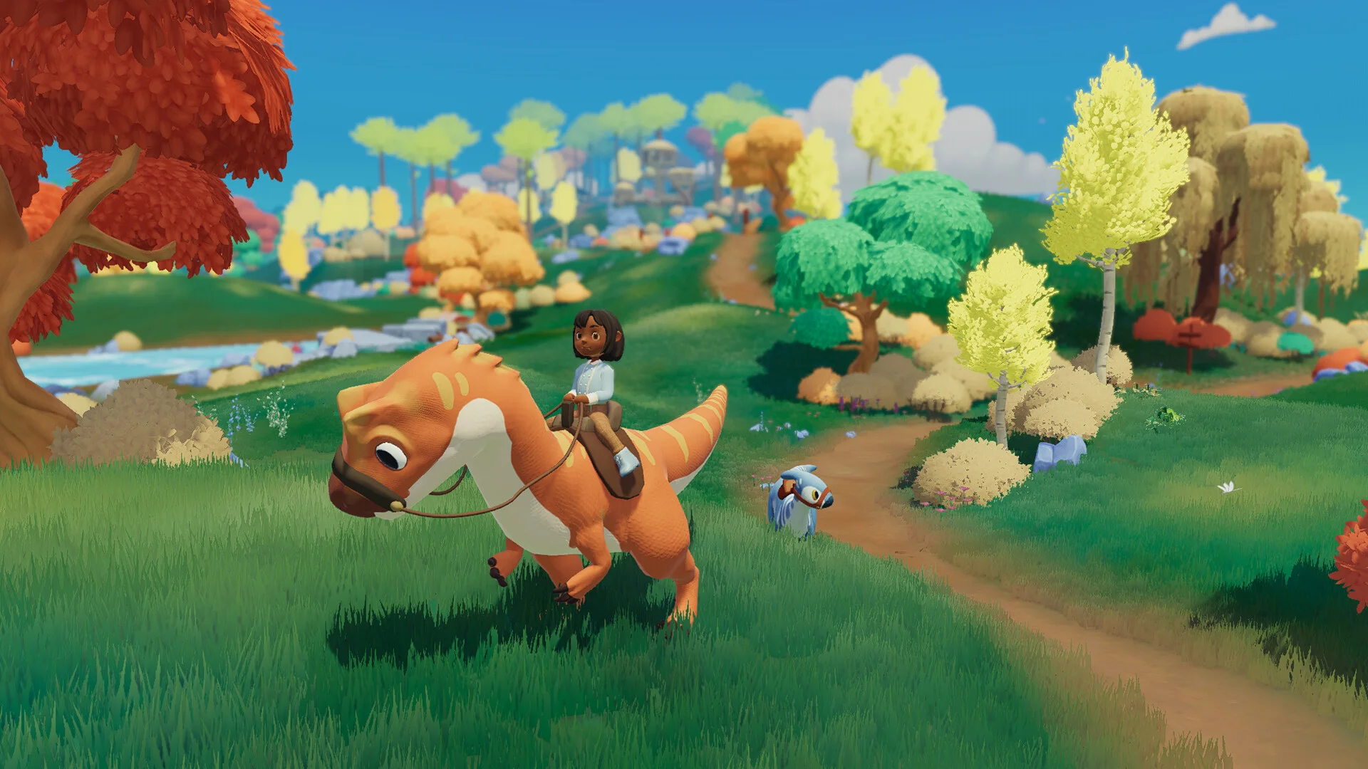 Autumn hills: rider on an orange dino, blue companion trailing, river and yellow trees