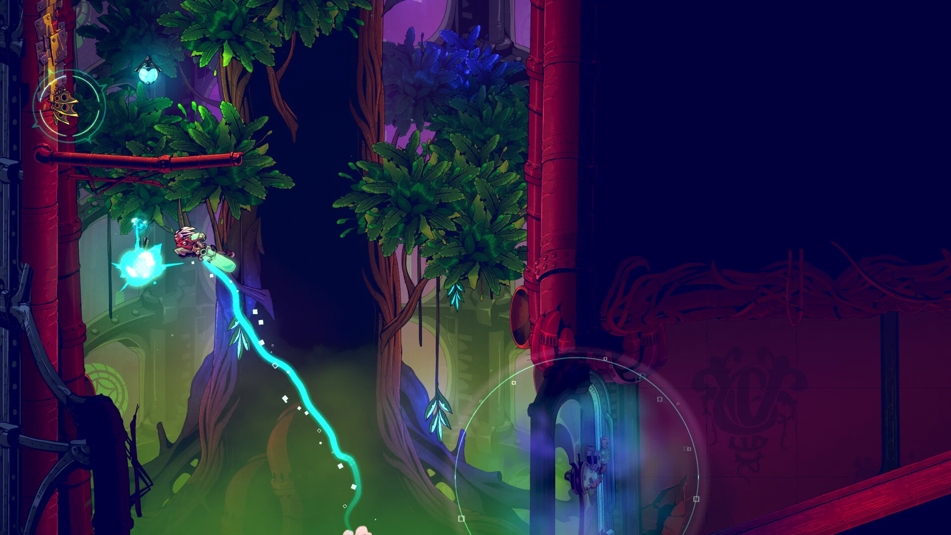 A character leaps with a cyan trail past hanging plants