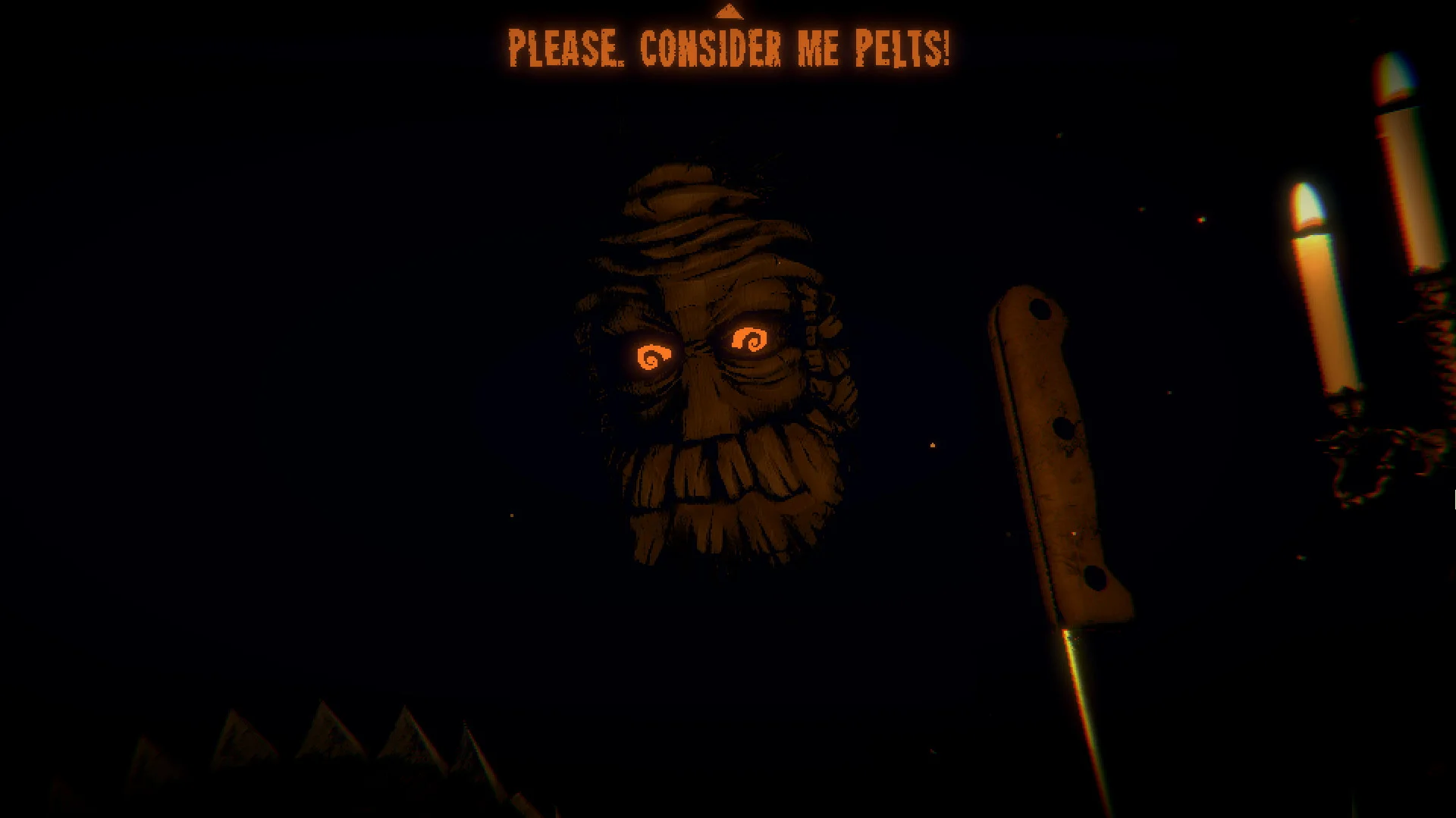 A bandaged wooden face with spiral eyes beside a kitchen knife and a candle