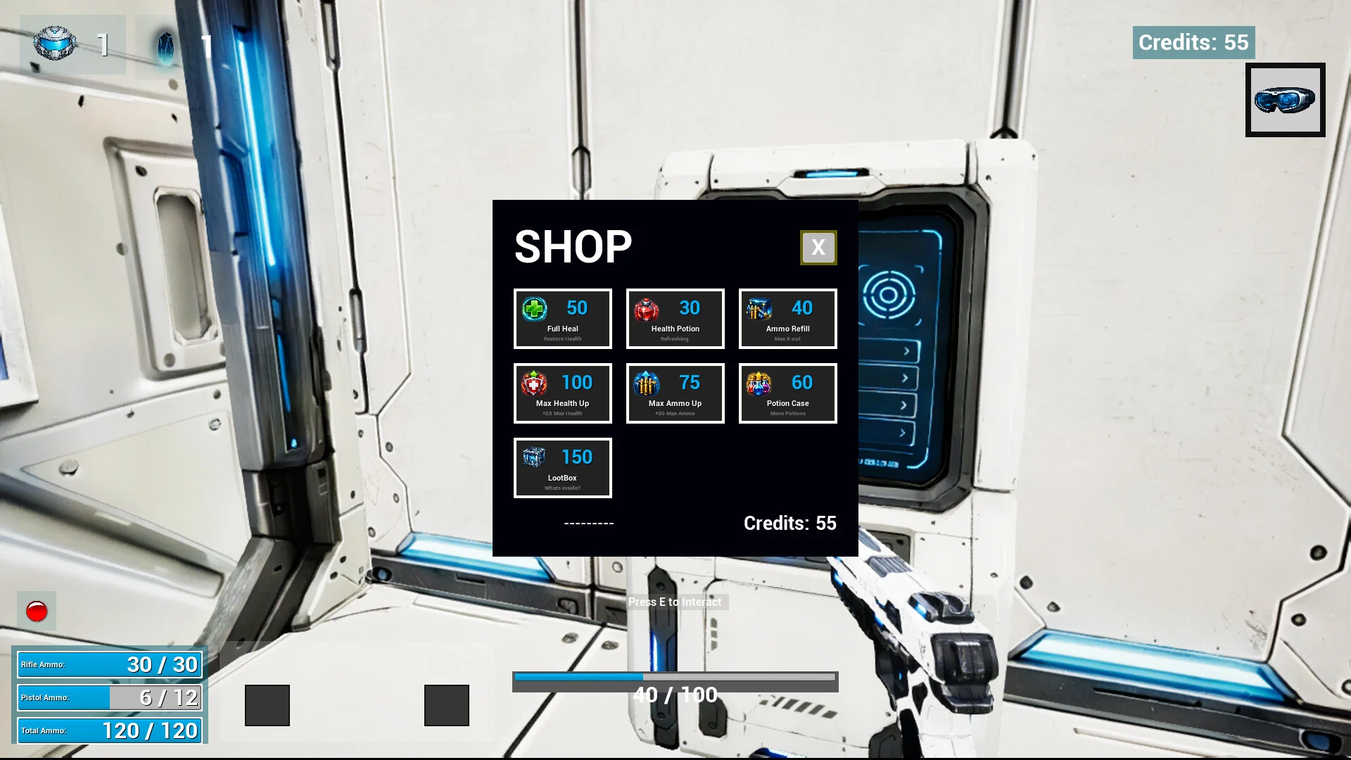 First-person pistol view beside a wall terminal with the credit shop menu open