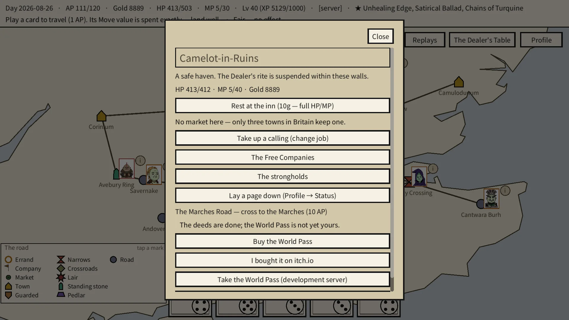 Camelot-in-Ruins safe-haven panel over the Britain route map with five cards visible