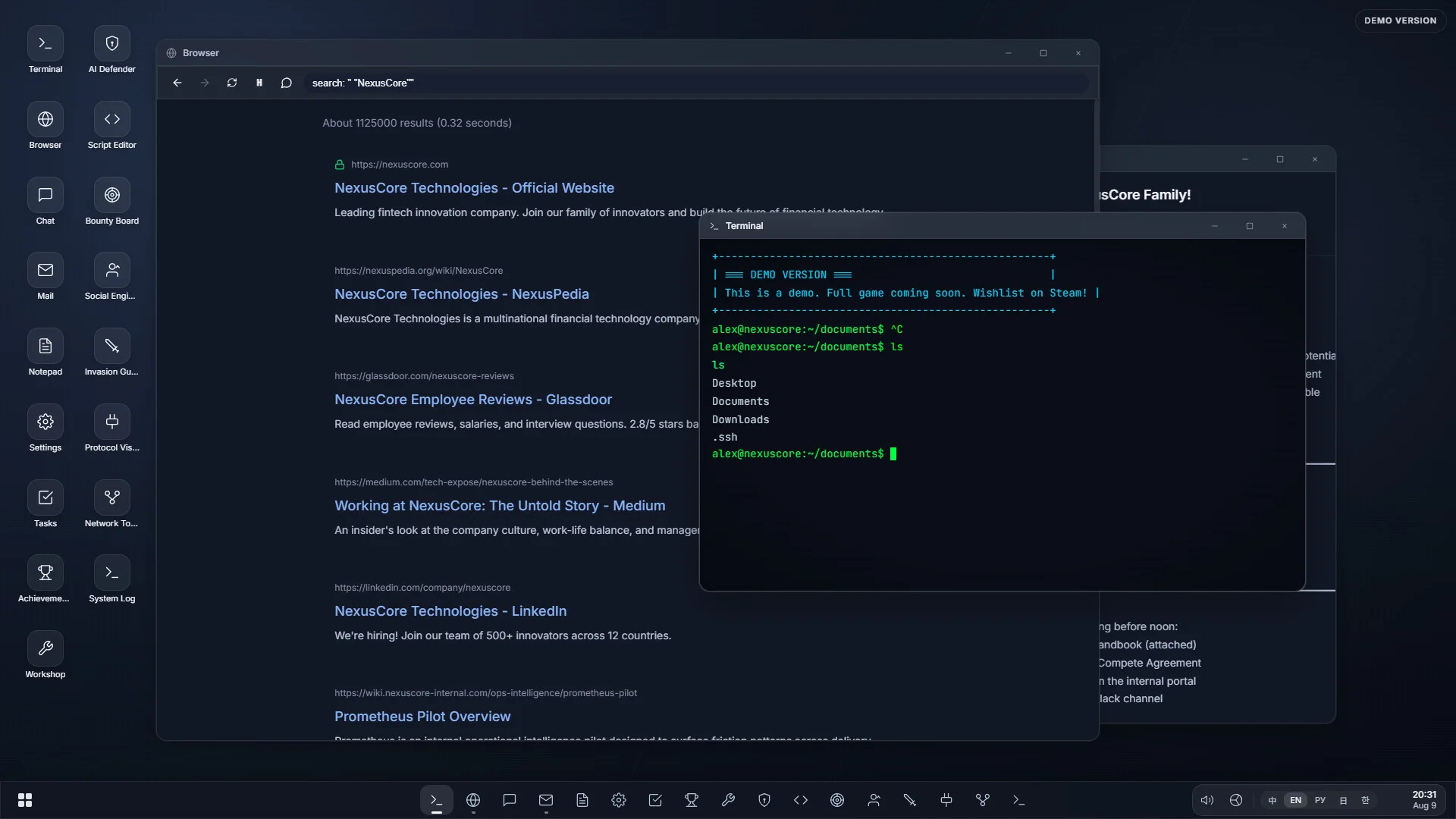 NexusCore browser search with overlapping terminal, DEMO VERSION watermark top right, sidebar Terminal Browser Chat Mail