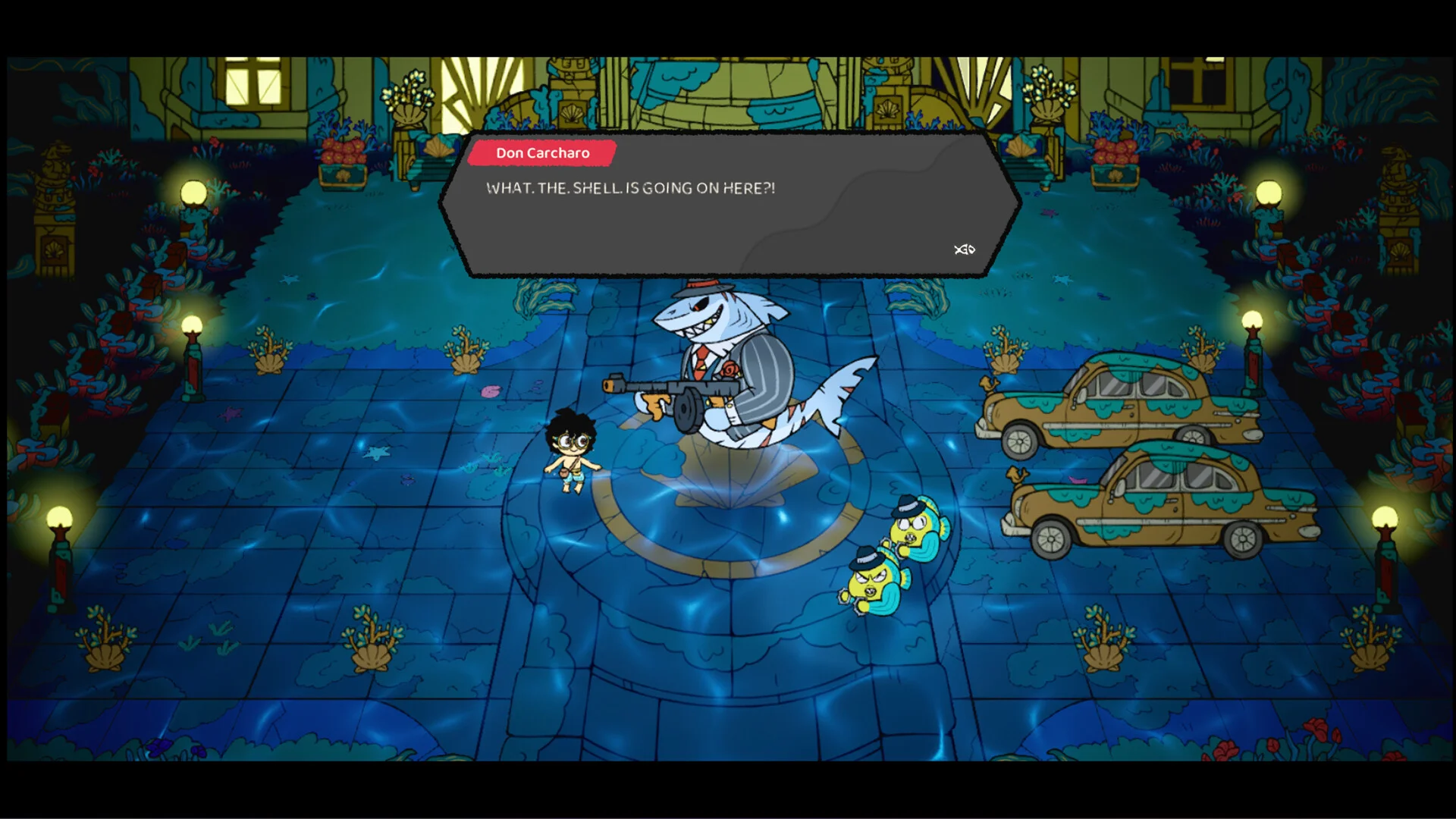 Don Carcharo, a suited shark with a drum gun: WHAT. THE. SHELL IS GOING ON HERE?!