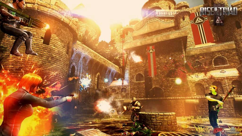 A red-haired fighter shoots in a stone courtyard
