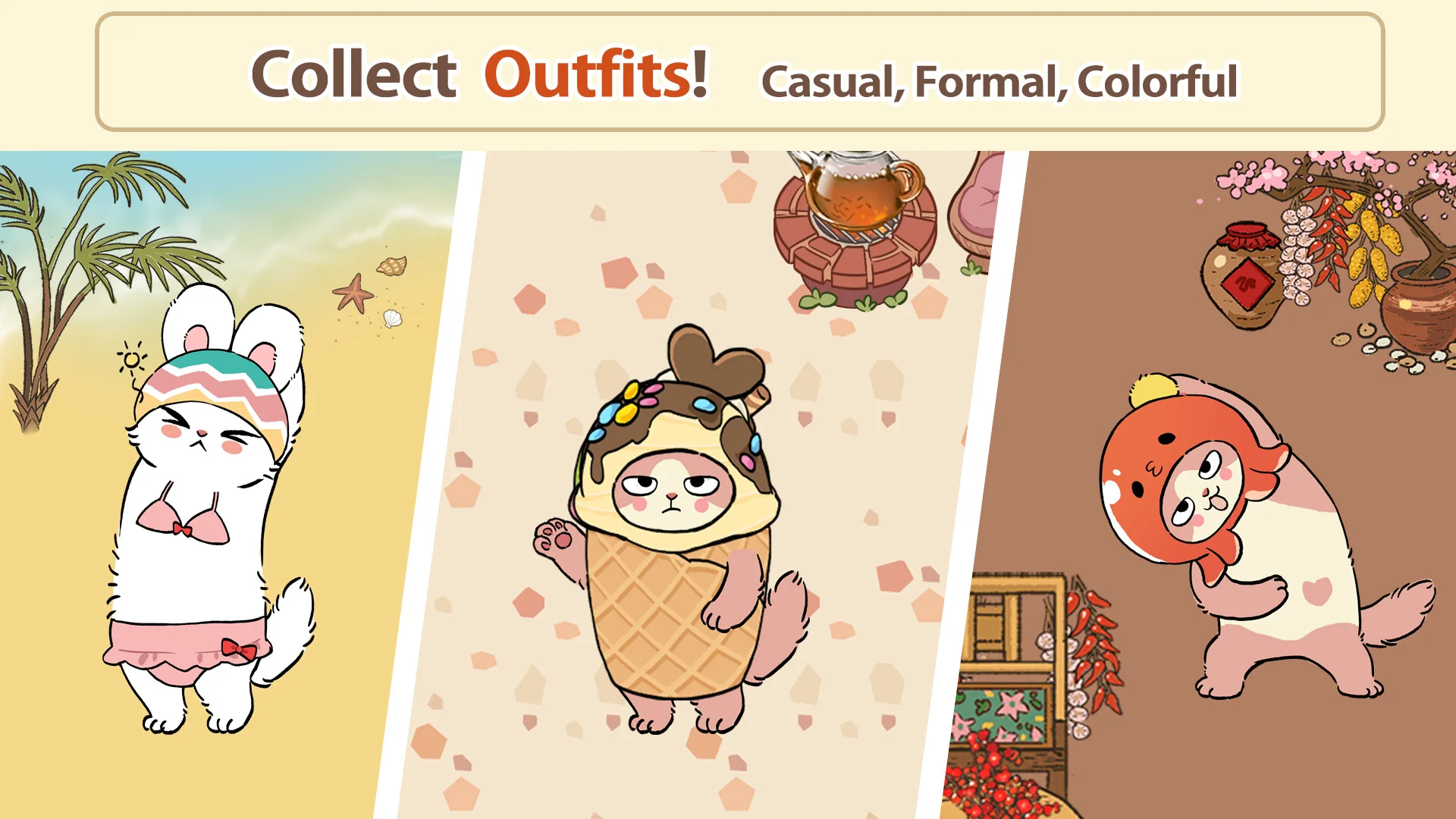 Collect Outfits banner, white cat in a rainbow visor bikini, ice-cream cone cat, goldfish-hoodie cat