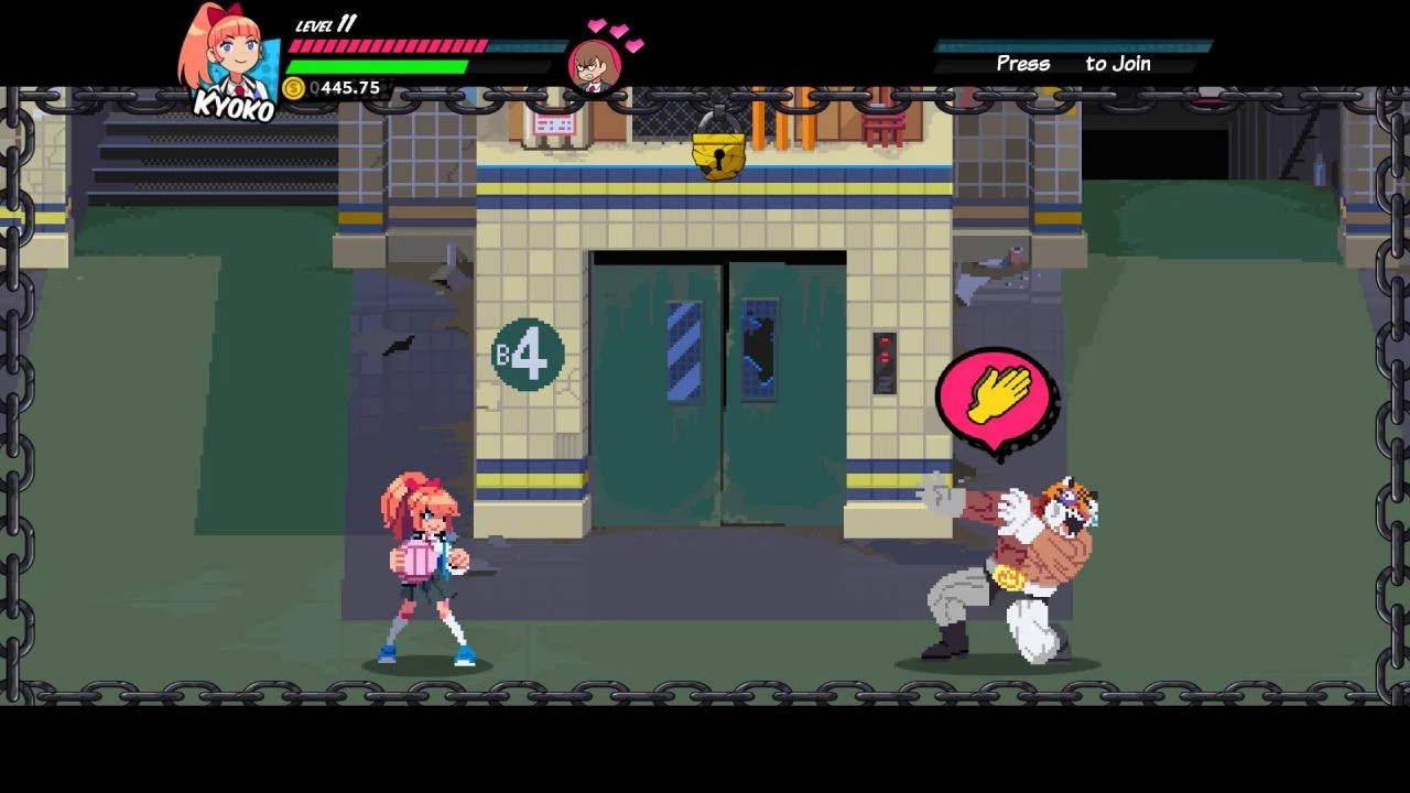 Kyoko faces chained B4 warehouse doors and a padlock while a yellow-gloved thug poses, with Press to Join