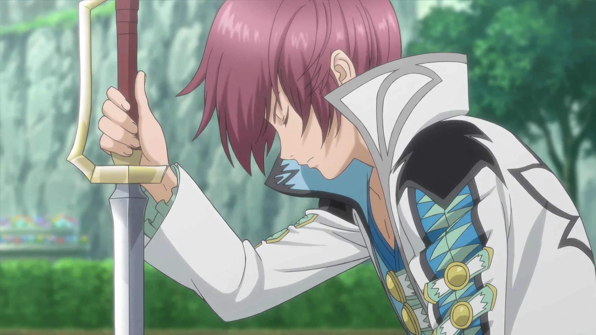 Asbel in a white coat leaning on his sword in a garden cutscene
