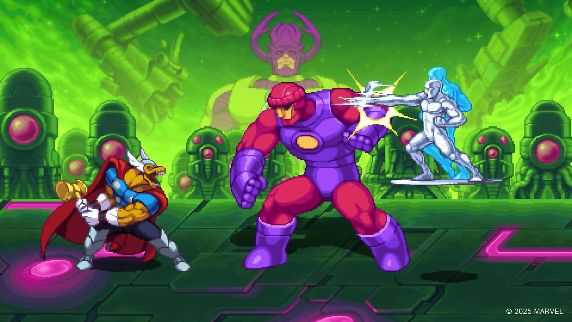 Beta Ray Bill and Silver Surfer fight a huge purple brute under a green cosmic sky