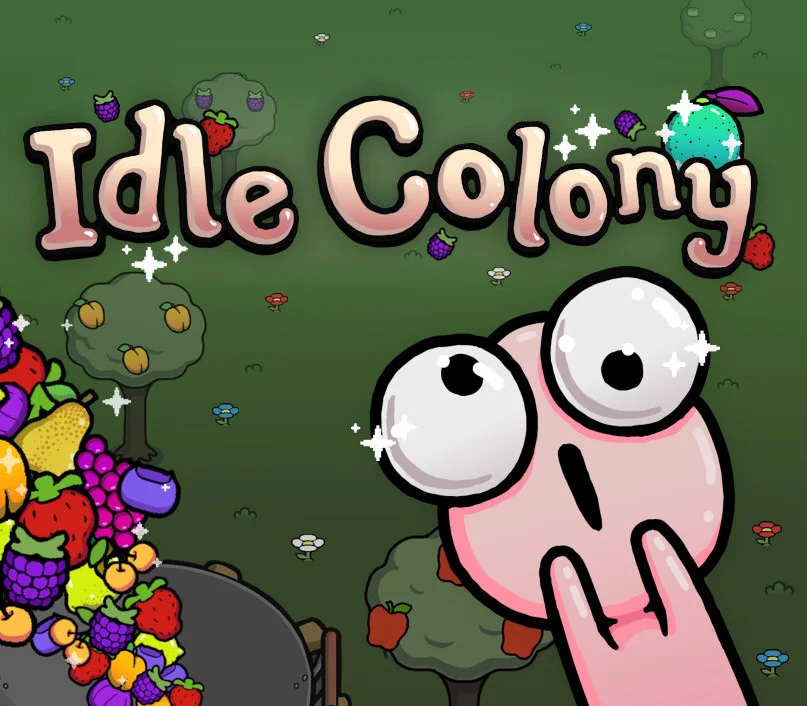 Idle Colony cover: pink round face with huge eyes, wok of mixed fruit, Idle Colony title