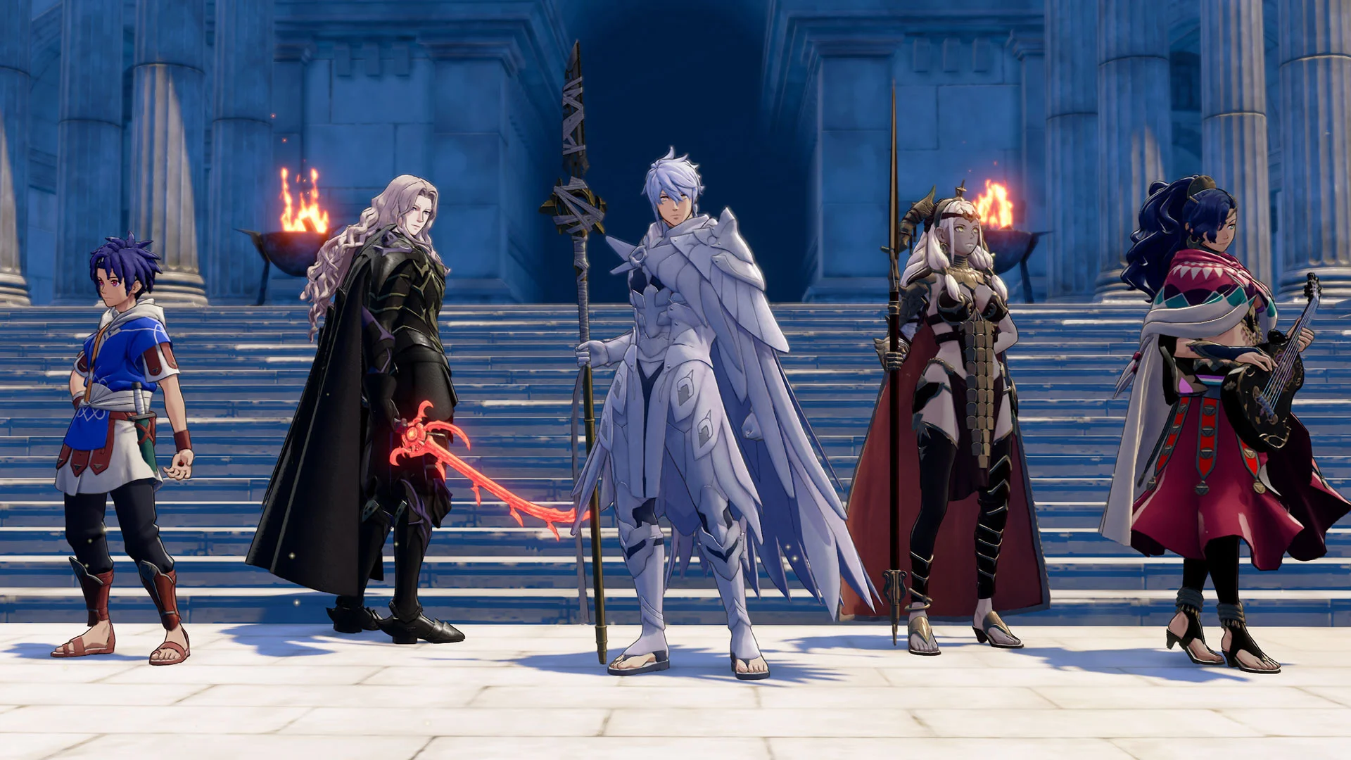 Five figures on pale temple steps: blue-tunic boy, black-coated swordsman with a red blade, white-armoured lead, spear queen, musician with a lute