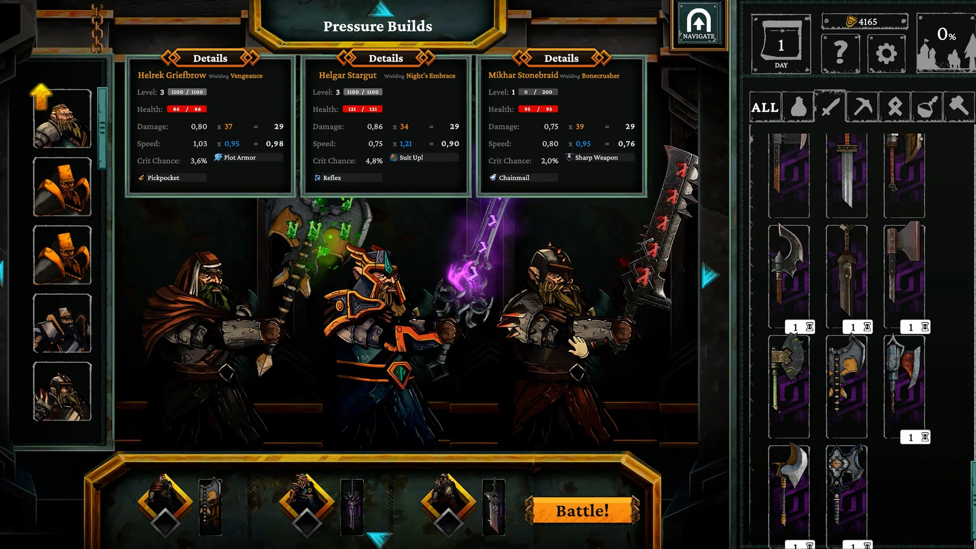 Pressure Builds: Helrek, Helgar and Mikhar with stats, Battle button and a weapon rack on the right