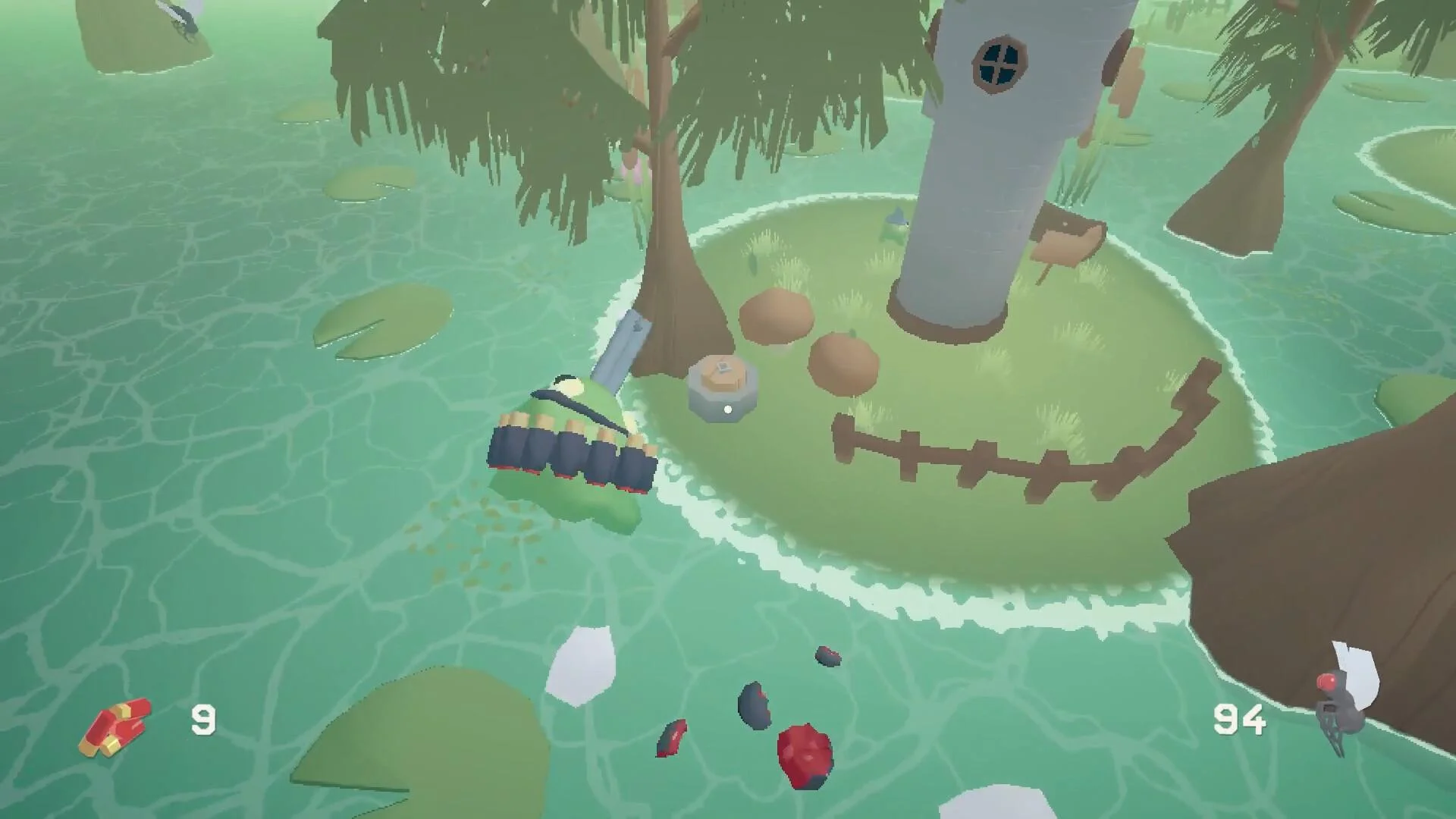 Frog with shotgun shells swimming toward a white tower hut, ammo 9 flies 94