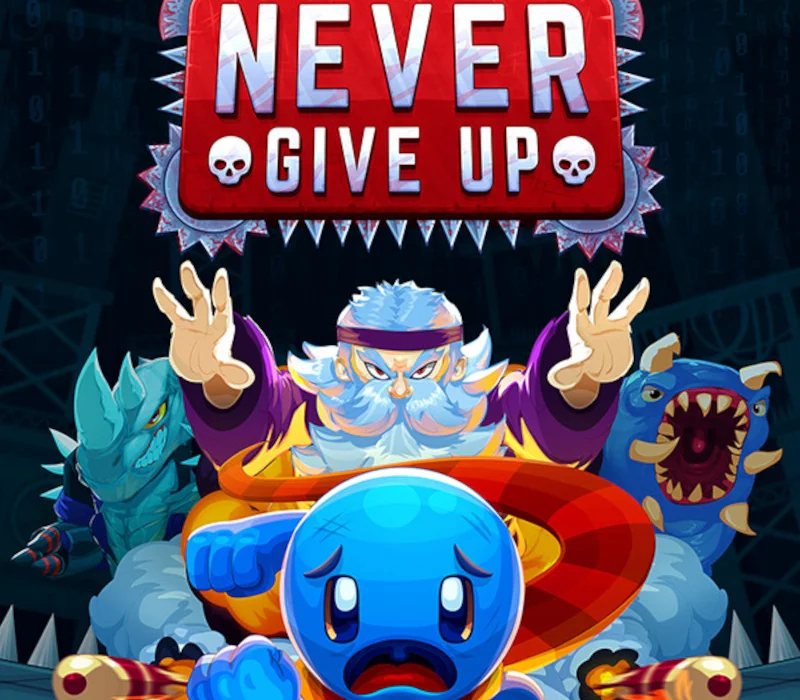 Never Give Up cover art with crying blue blob, bearded wizard, rhino and roaring monster
