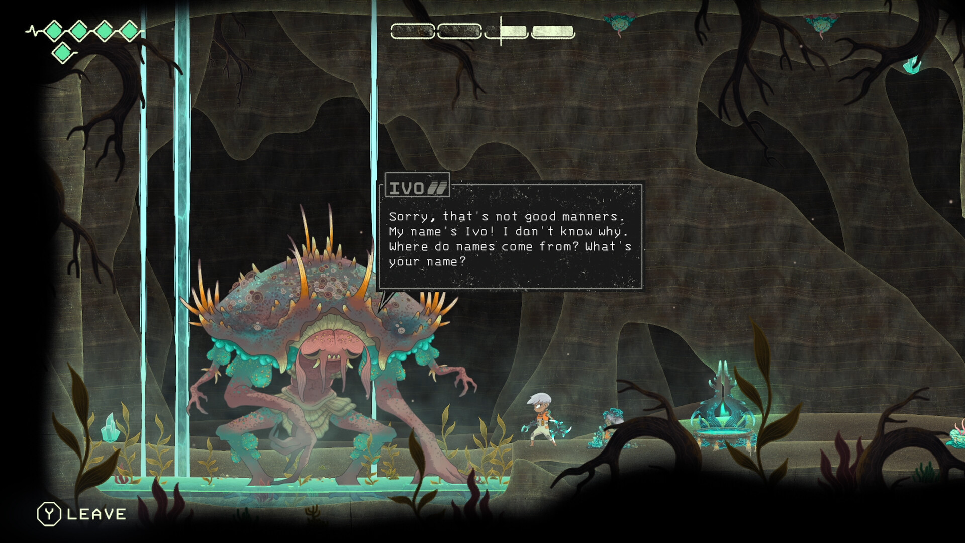 Echo Weaver dialogue with Ivo, a large crab-like creature asking the Weaver about names in a dark cavern
