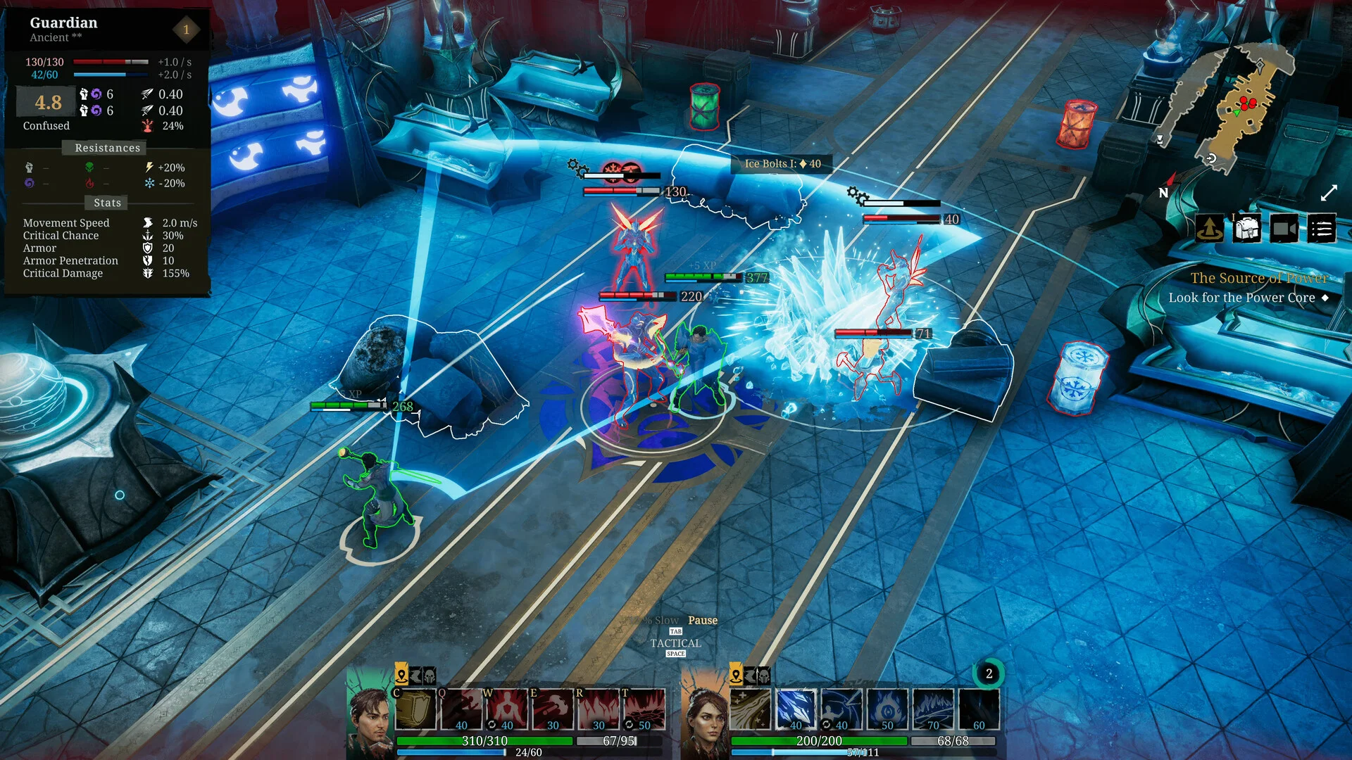 Tactical fight: Pause TACTICAL, cyan cones, Guardian Confused panel, Source of Power quest