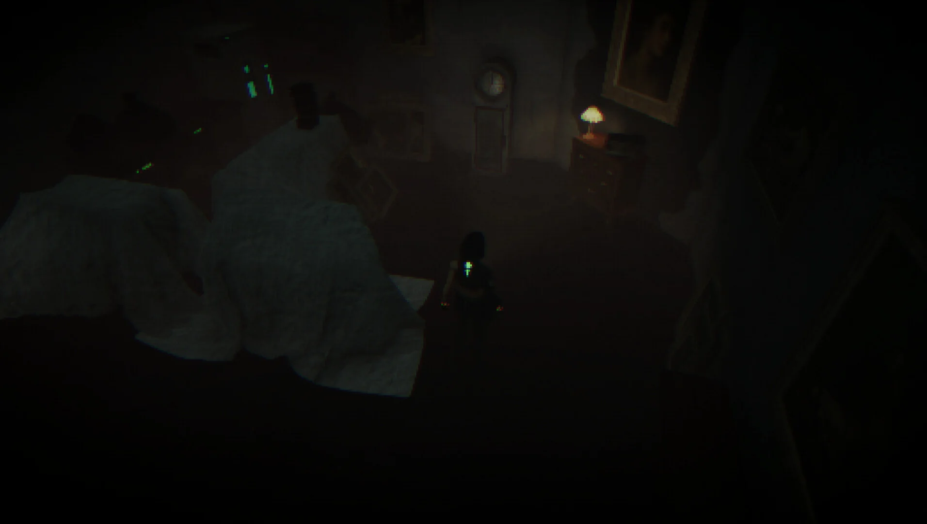Dark bedroom from above: woman with a glowing cyan backpack crystal, sheeted furniture, grandfather clock and lamplit dresser