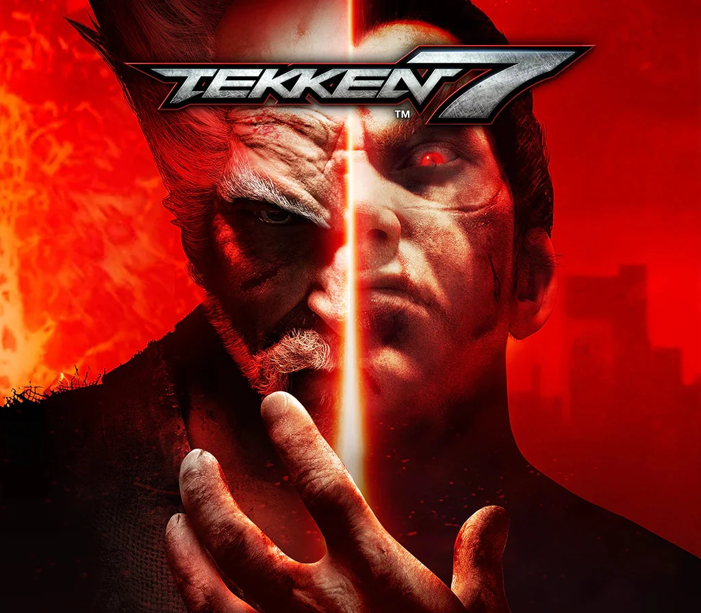 Split cover of a scarred older face and a younger face with a red eye under the TEKKEN 7 logo, a hand rising through red light