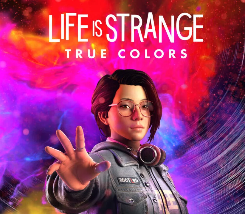 Life is Strange True Colors cover with Alex in a beanie and headphones, hand raised.