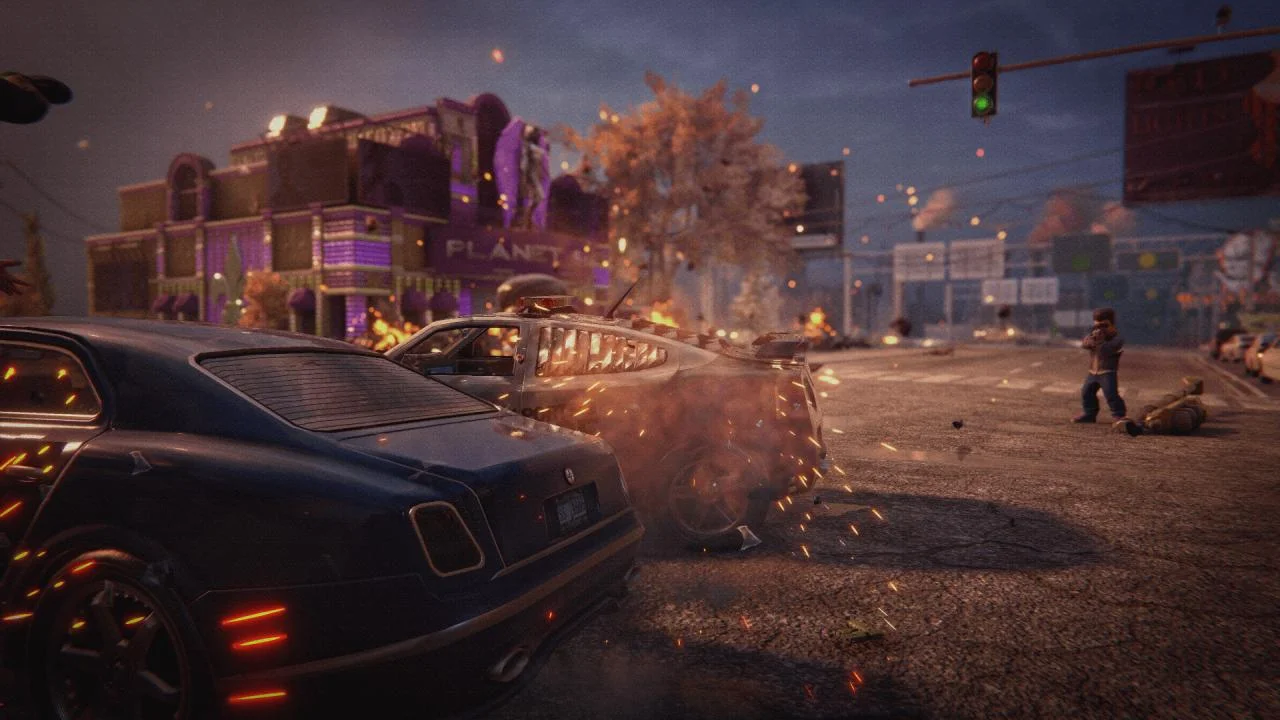 A woman aiming beside a car.