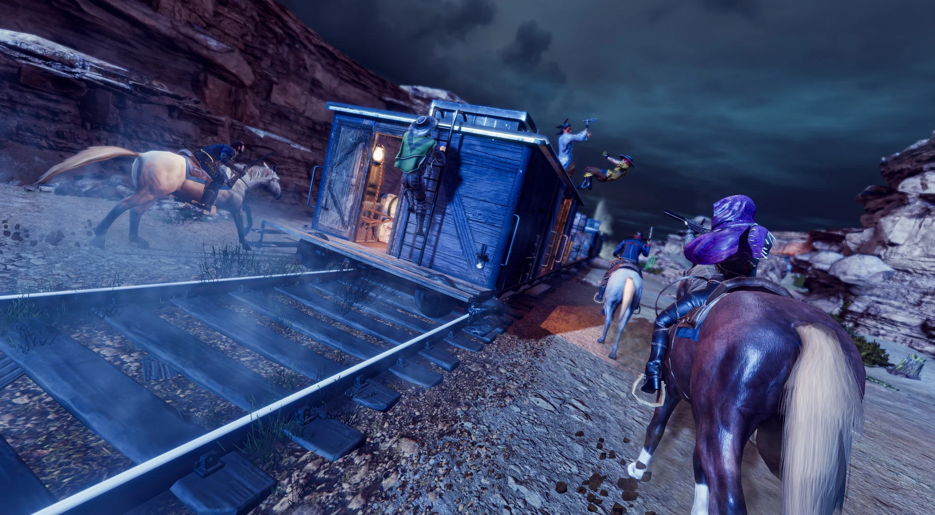 A rider on a dark horse beside a blue train car.