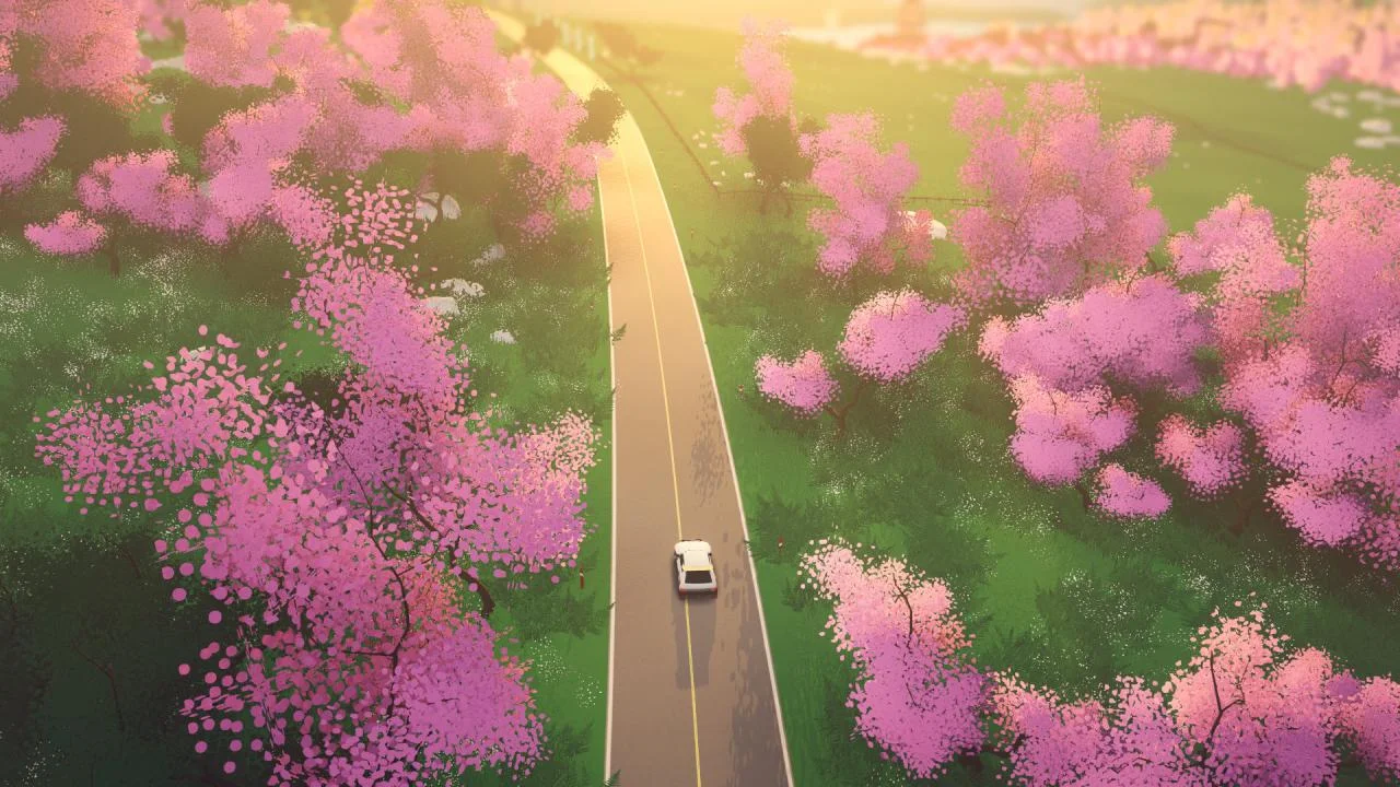 White rally car on a two-lane road through pink blossom trees at sunrise, yellow centre line