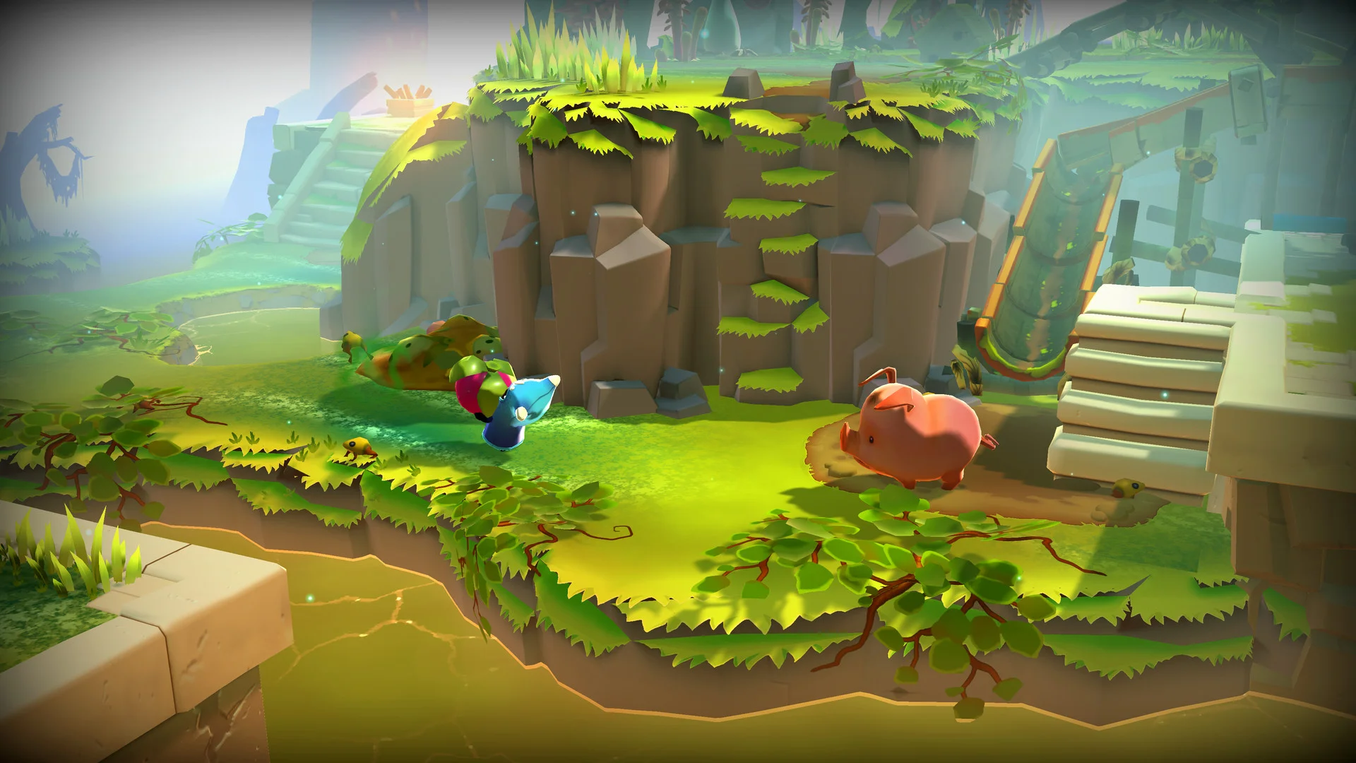Grassy plateau, blue figure lying on a green turtle, pink pig standing nearby, stone steps and a pale ramp