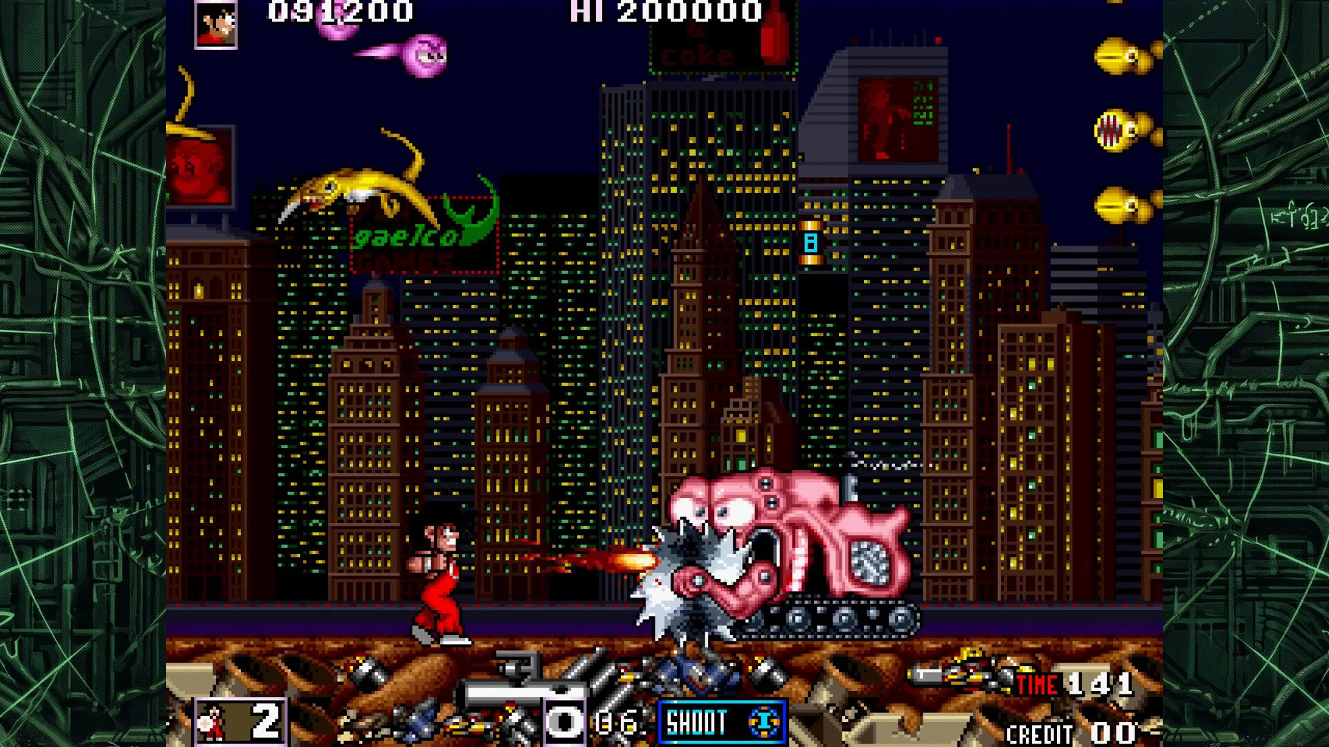 Night city: red-suited hero shooting a pink tank-monster with a toothy maw, Gaelco Games billboard, yellow lizards and coke sign in the skyline