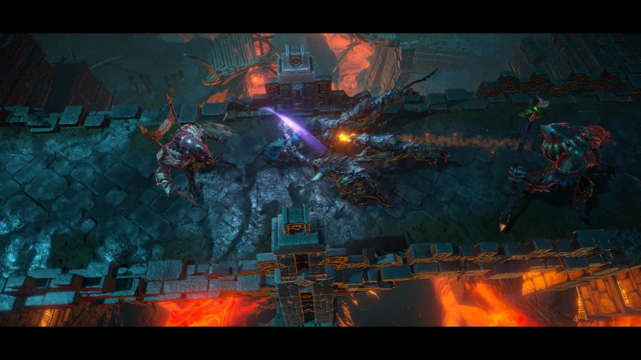 Lava-lit stone bridge: two horned demons flank a fighter with a glowing purple blade over a fallen beast