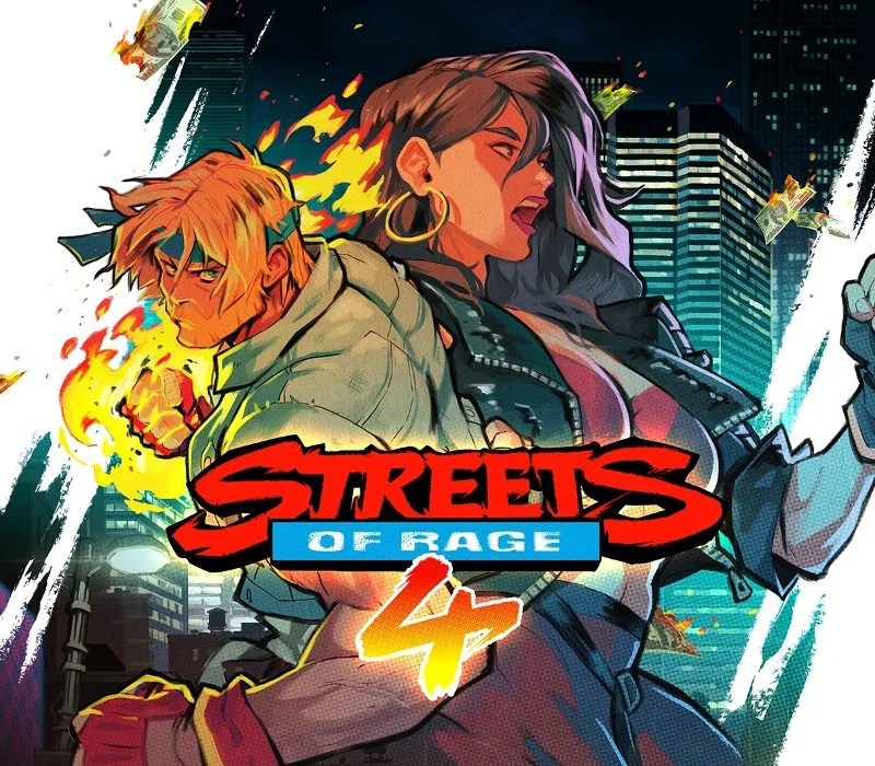 Cover art of Axel with a flaming fist and Blaze in a leather jacket under the Streets of Rage 4 logo