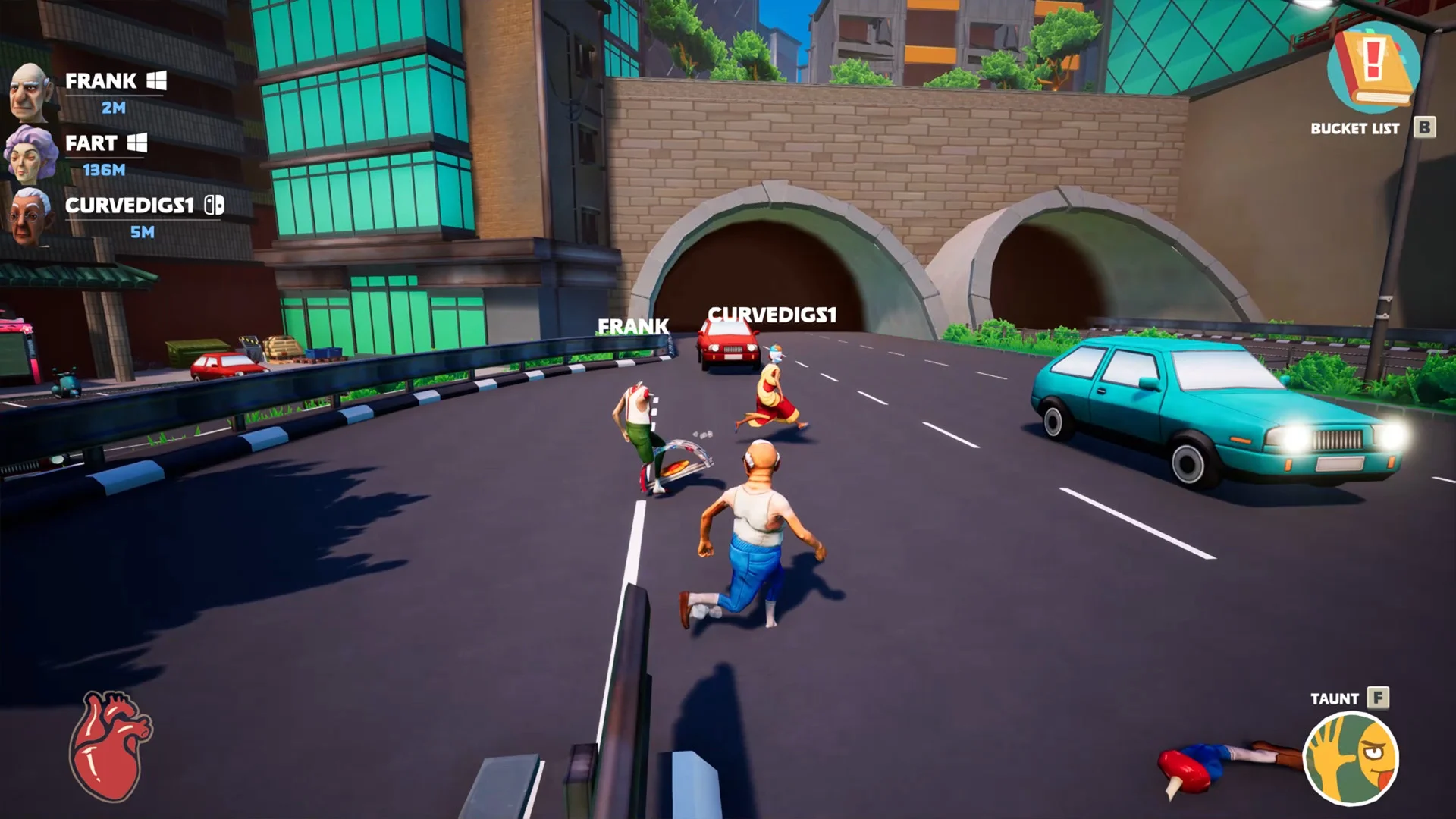 Highway still: three pensioners running toward twin tunnel mouths beside a teal hatchback