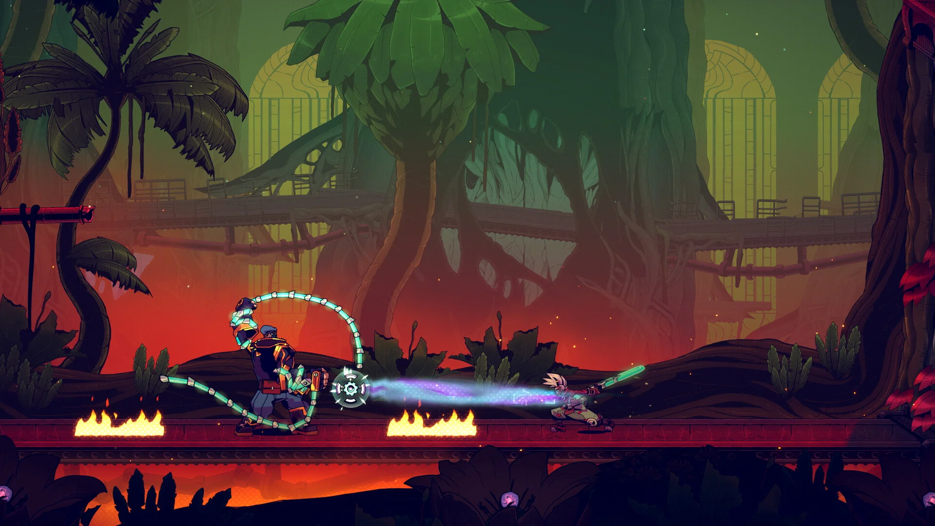 Side view of a character firing a cyan beam through a red jungle