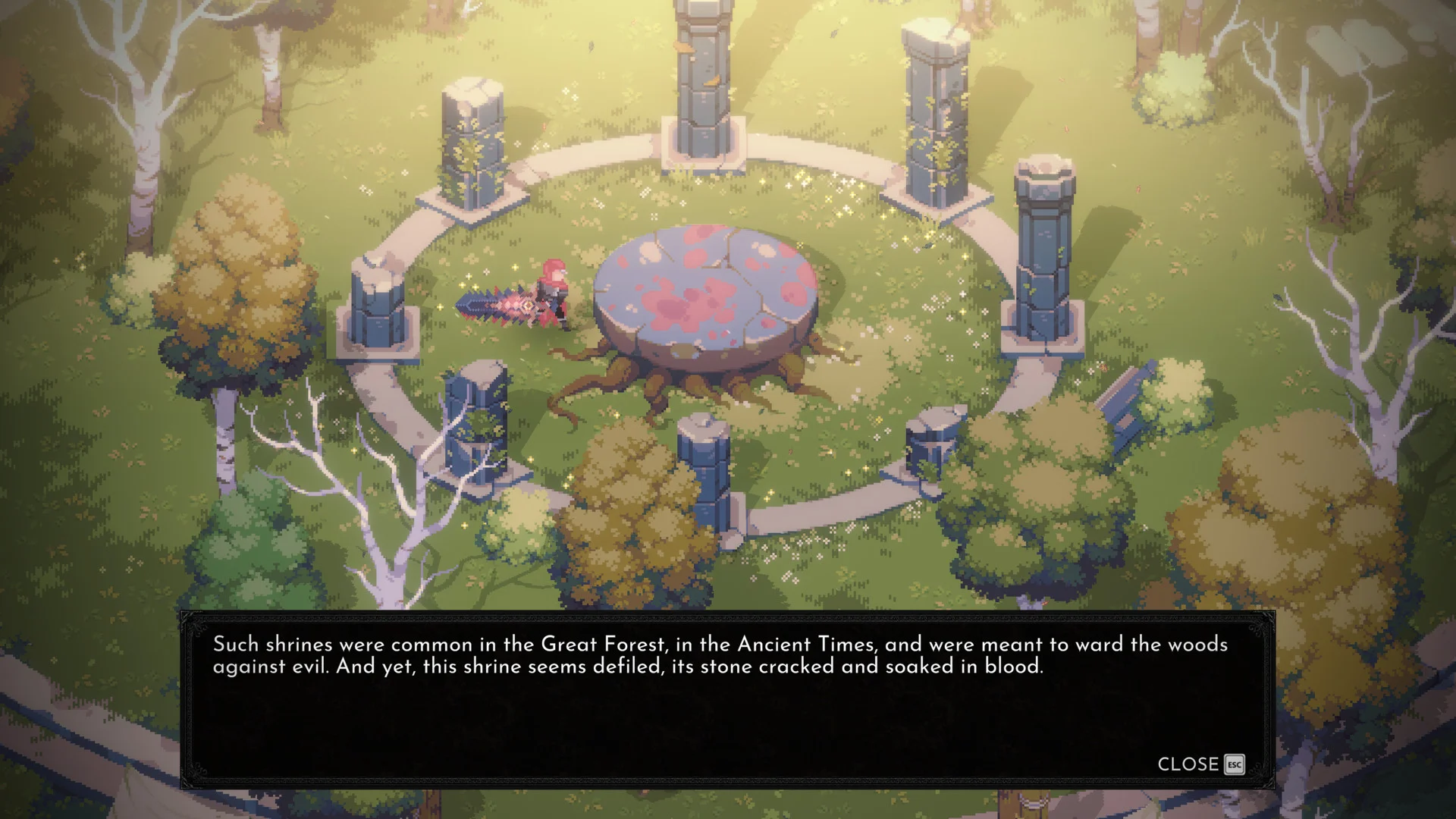 Forest shrine: cracked blood-soaked stone circle among pillars, Great Forest shrine caption