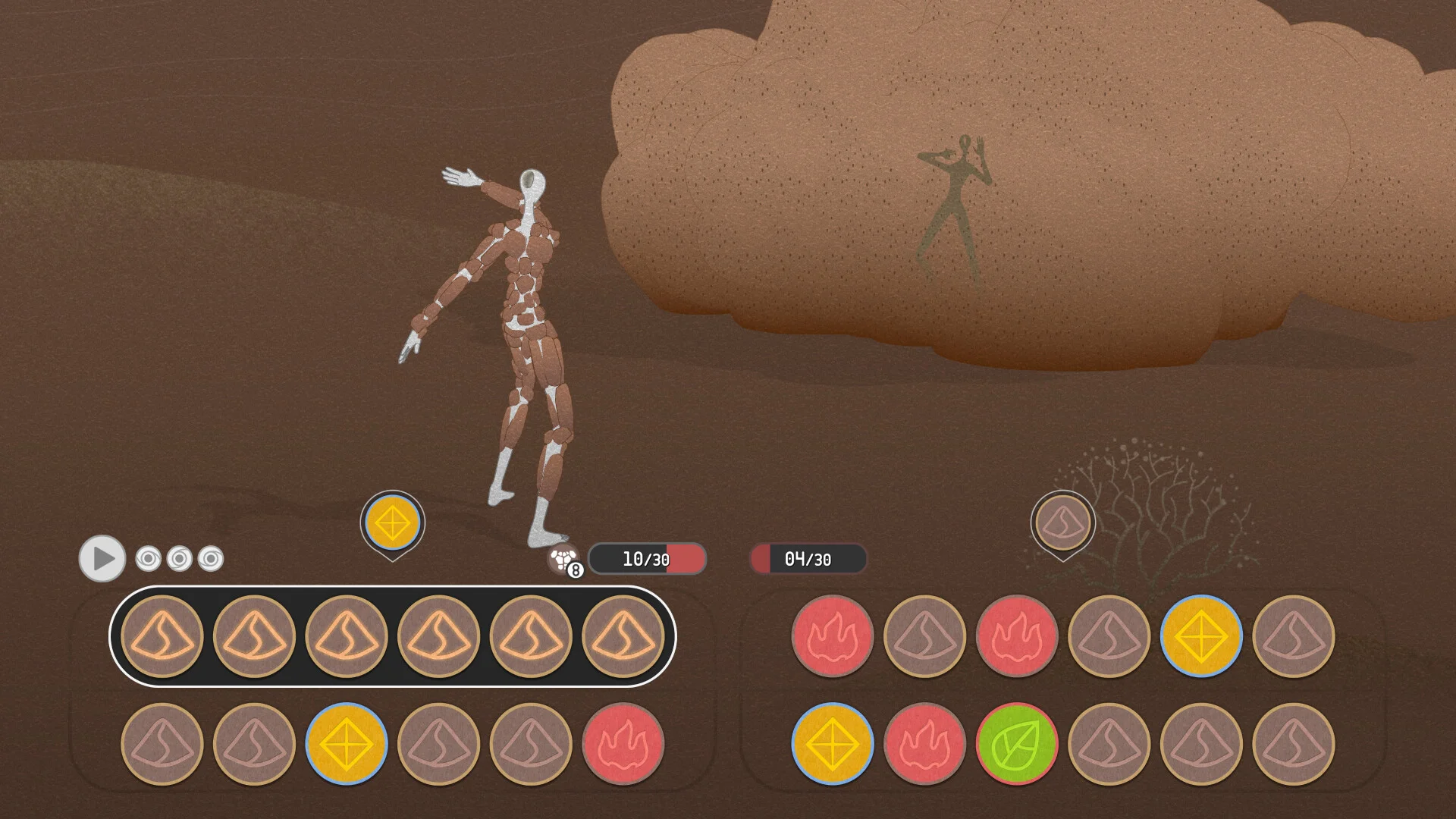 Brown armored figure facing an opponent inside a dust cloud; earth gems matched in the trays