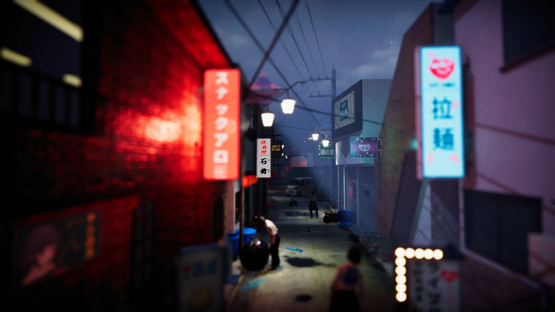 Night alley with red snack and ramen signs, street lamps, a van, two figures in the middle of the lane, blue crates