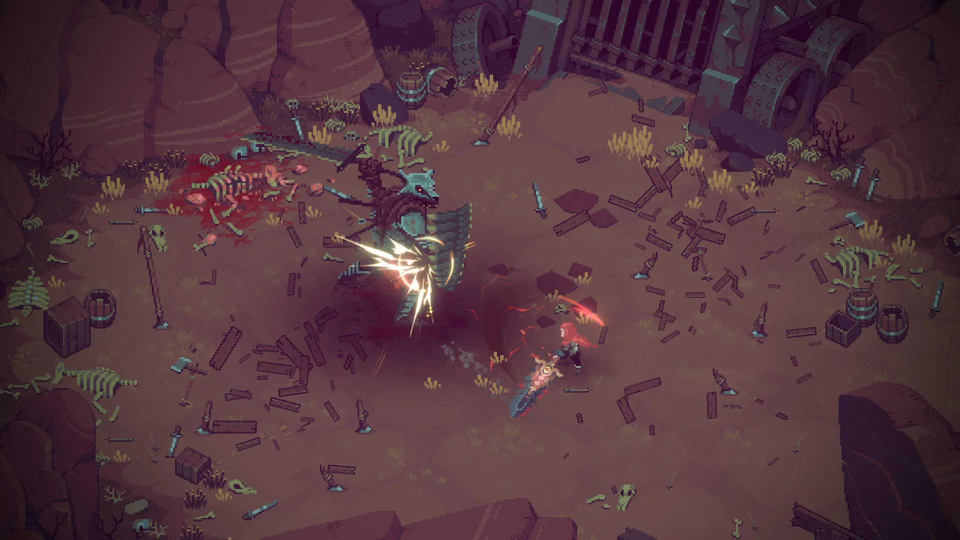 Isometric yard: warrior with a blue greatsword clashing a bone-winged beast among skeletons and barrels
