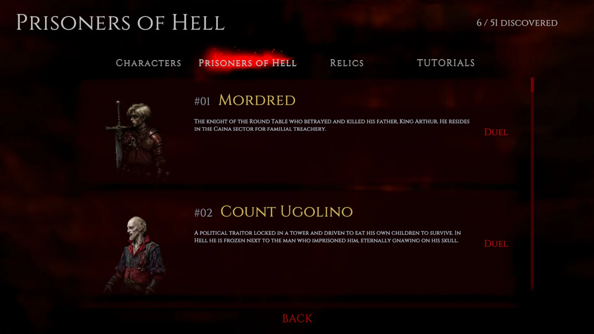 Prisoners of Hell codex listing Mordred and Count Ugolino with duel tags, 6 of 51 discovered